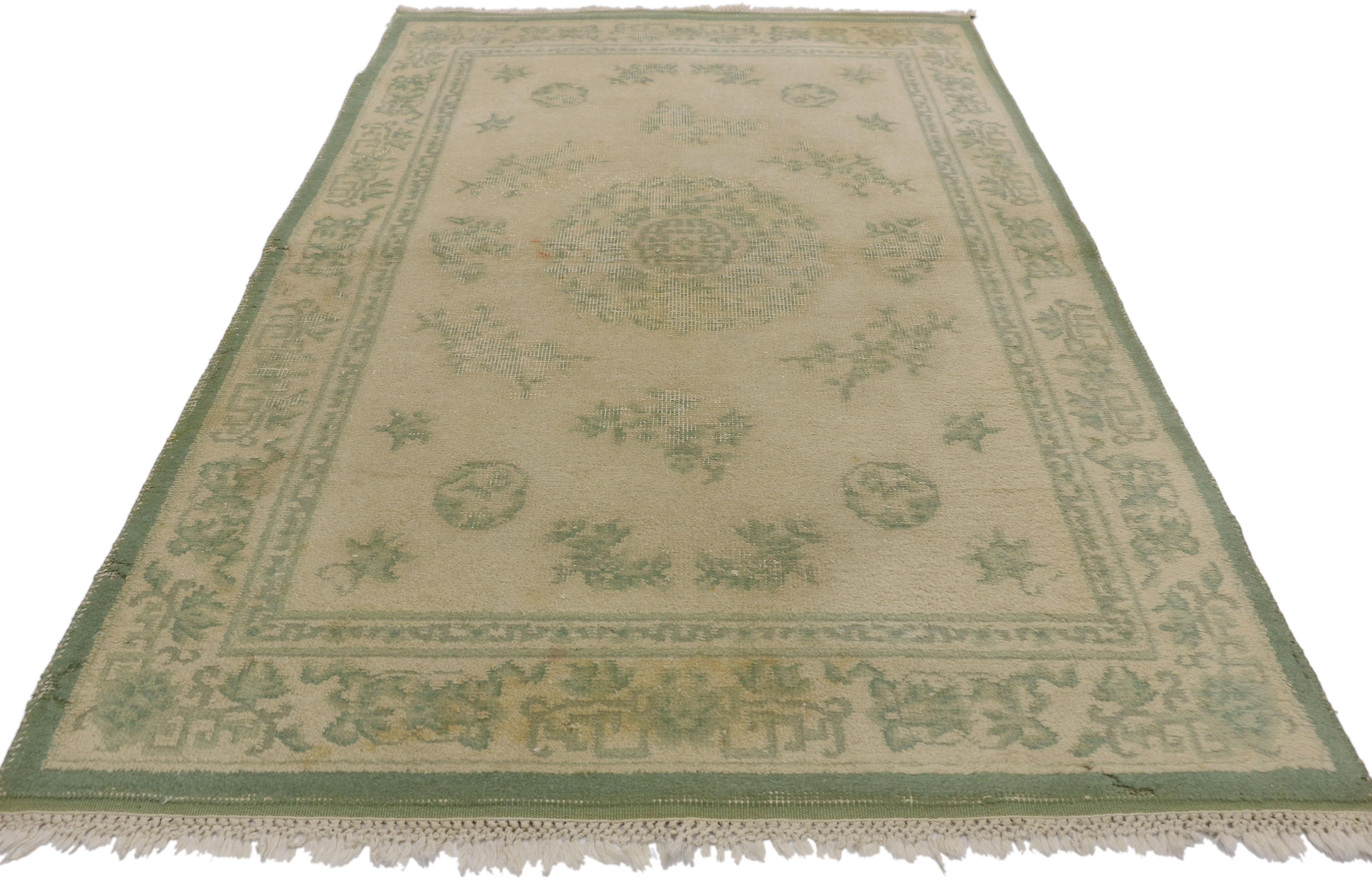 Hand-Knotted Distressed Weathered Vintage Indian Rug with Chinoiserie Shabby Chic Style For Sale
