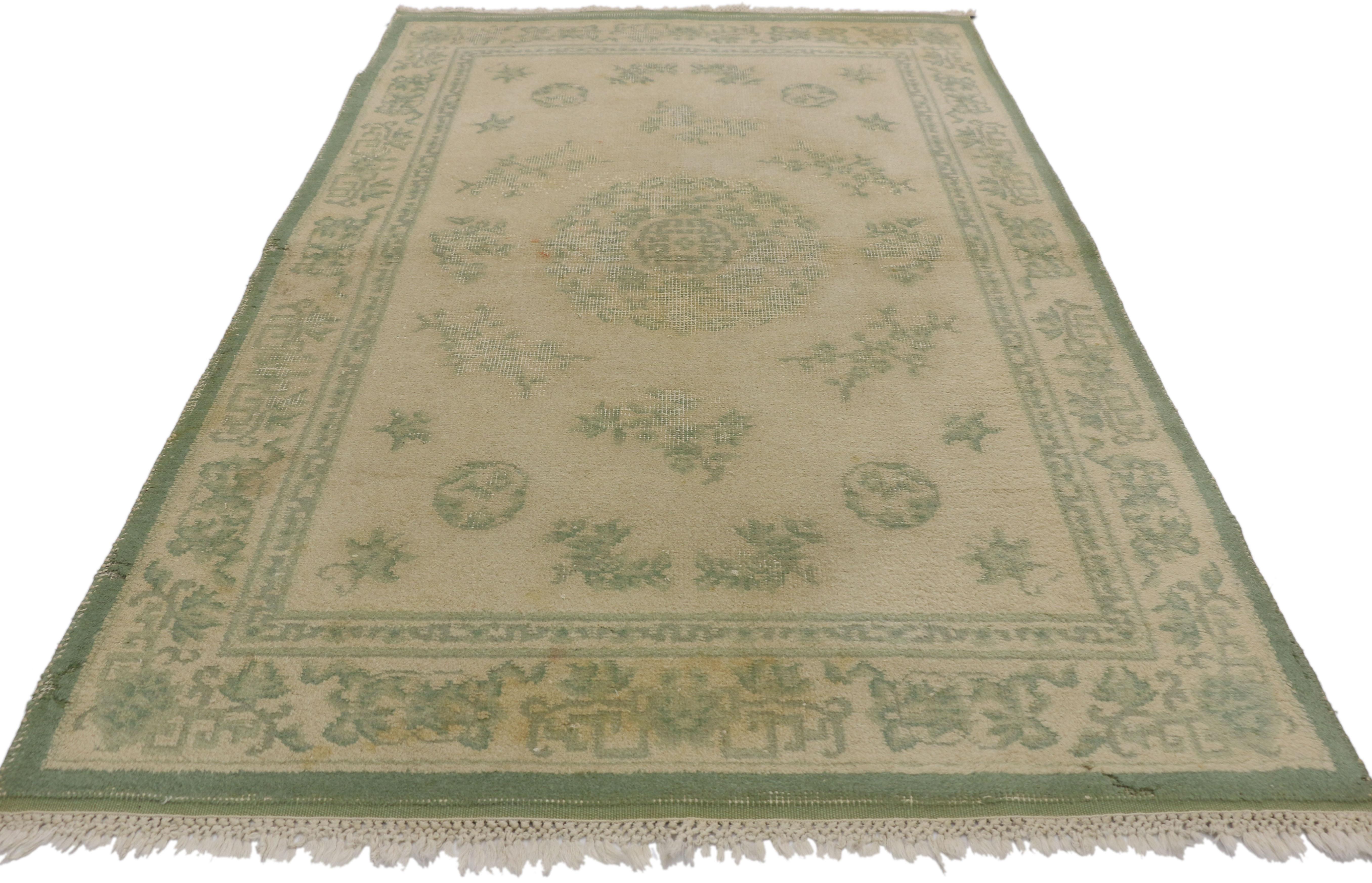 Hand-Knotted Distressed Weathered Vintage Indian Rug with Chinoiserie Shabby Chic Style