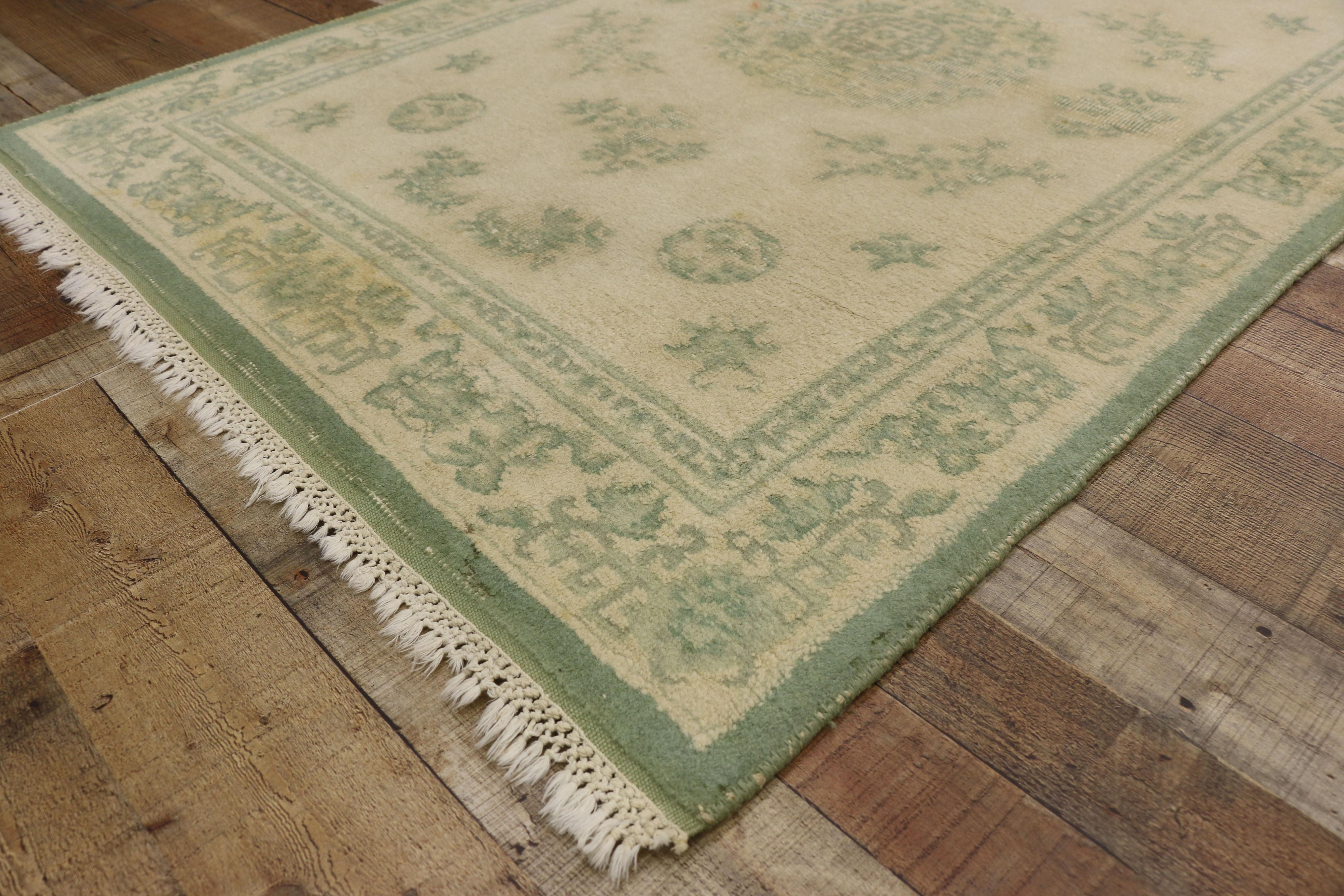 Wool Distressed Weathered Vintage Indian Rug with Chinoiserie Shabby Chic Style For Sale