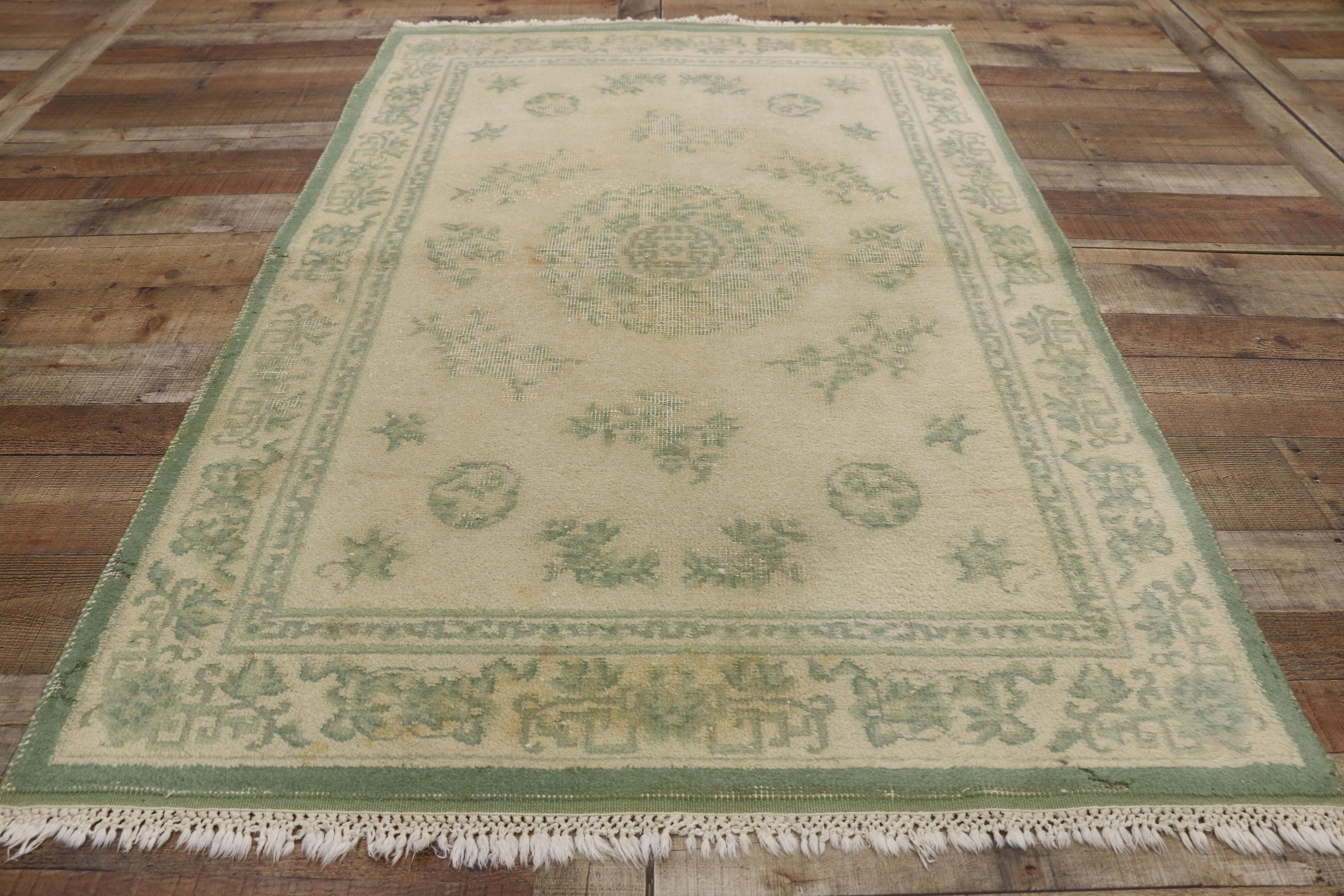Distressed Weathered Vintage Indian Rug with Chinoiserie Shabby Chic Style For Sale 1