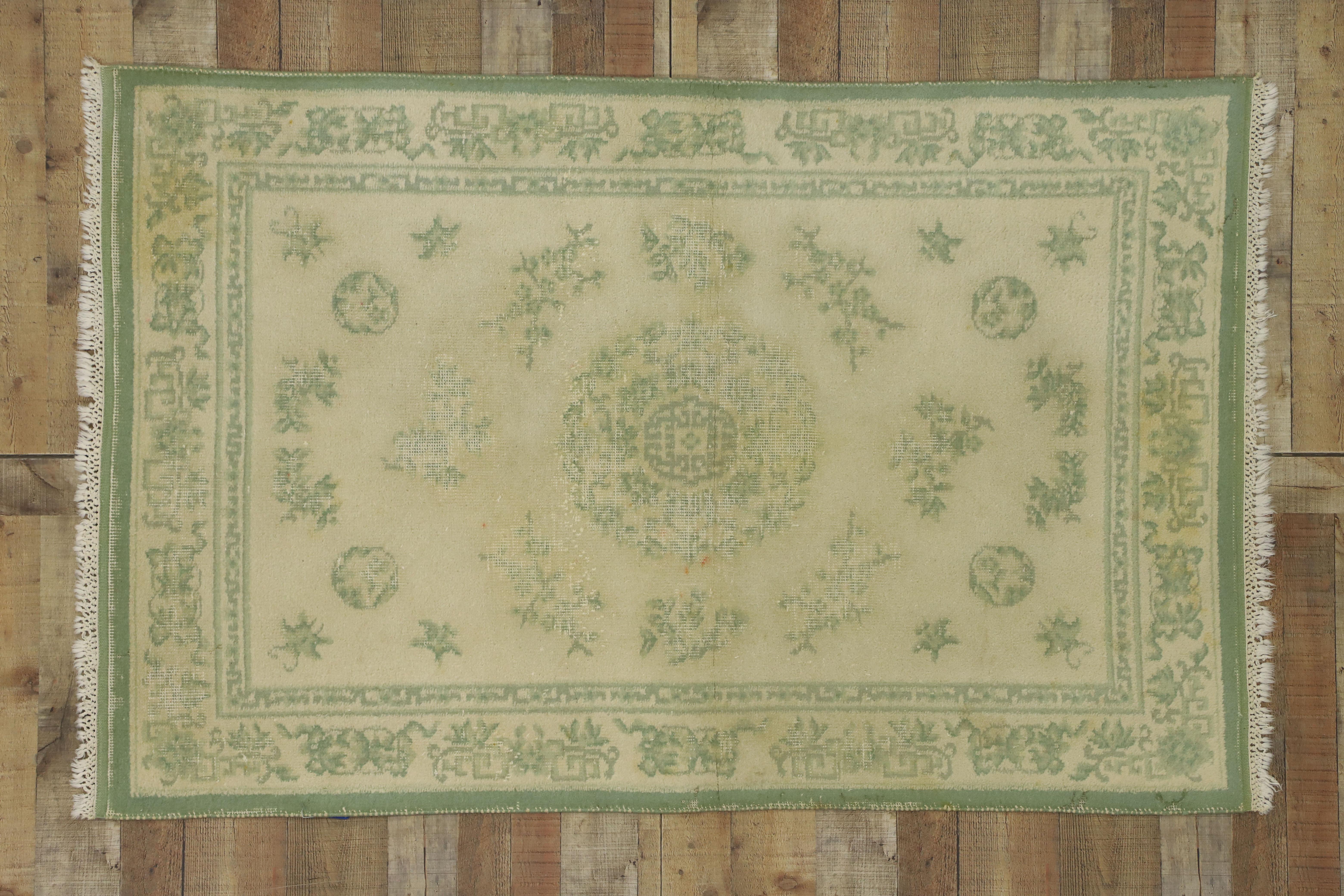 Distressed Weathered Vintage Indian Rug with Chinoiserie Shabby Chic Style For Sale 2