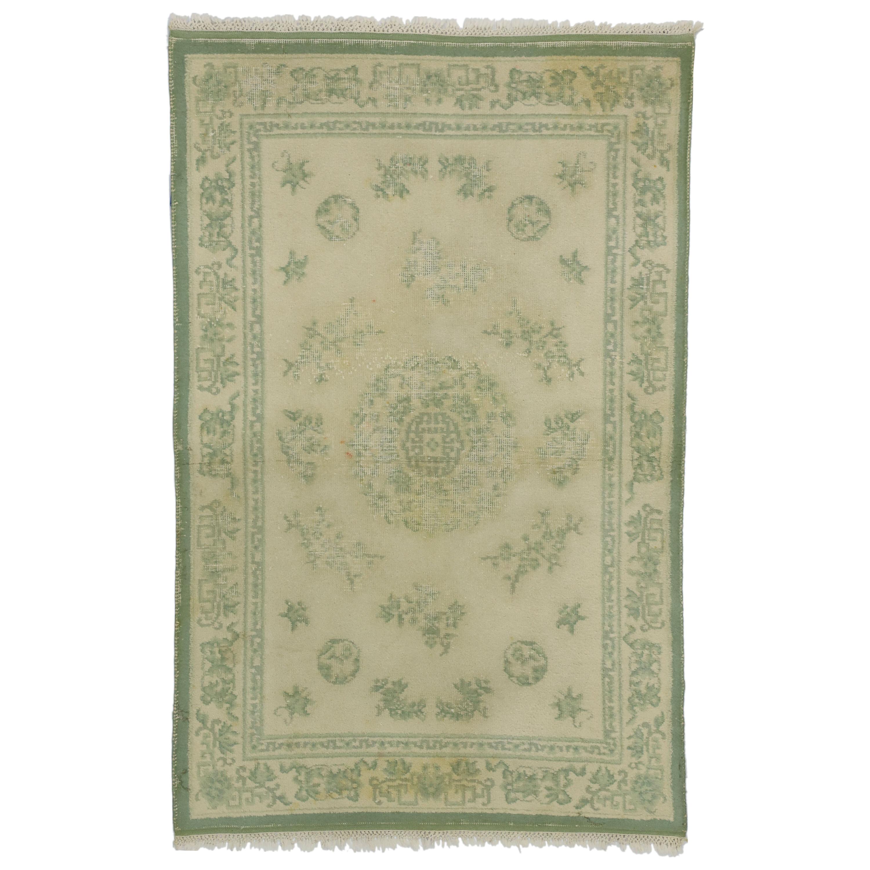 Distressed Weathered Vintage Indian Rug with Chinoiserie Shabby Chic Style For Sale