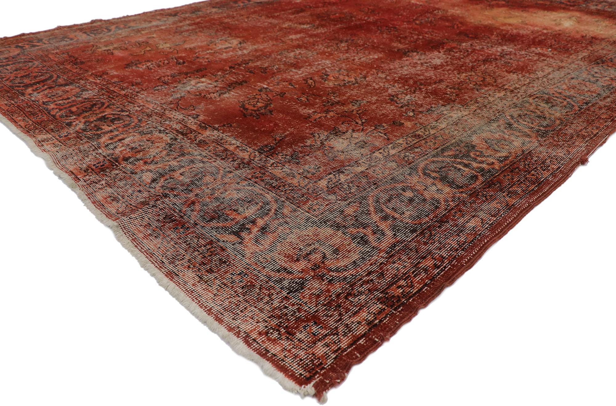 78113 Vintage Turkish Overdyed Rug, 06'11 x 10'00.
Emanating rustic sensibility and relaxed aesthetic, this vintage Turkish overdyed rug is a captivating vision of woven rugged beauty. Overdyed and faded throughout with a shorn pile, the distressed
