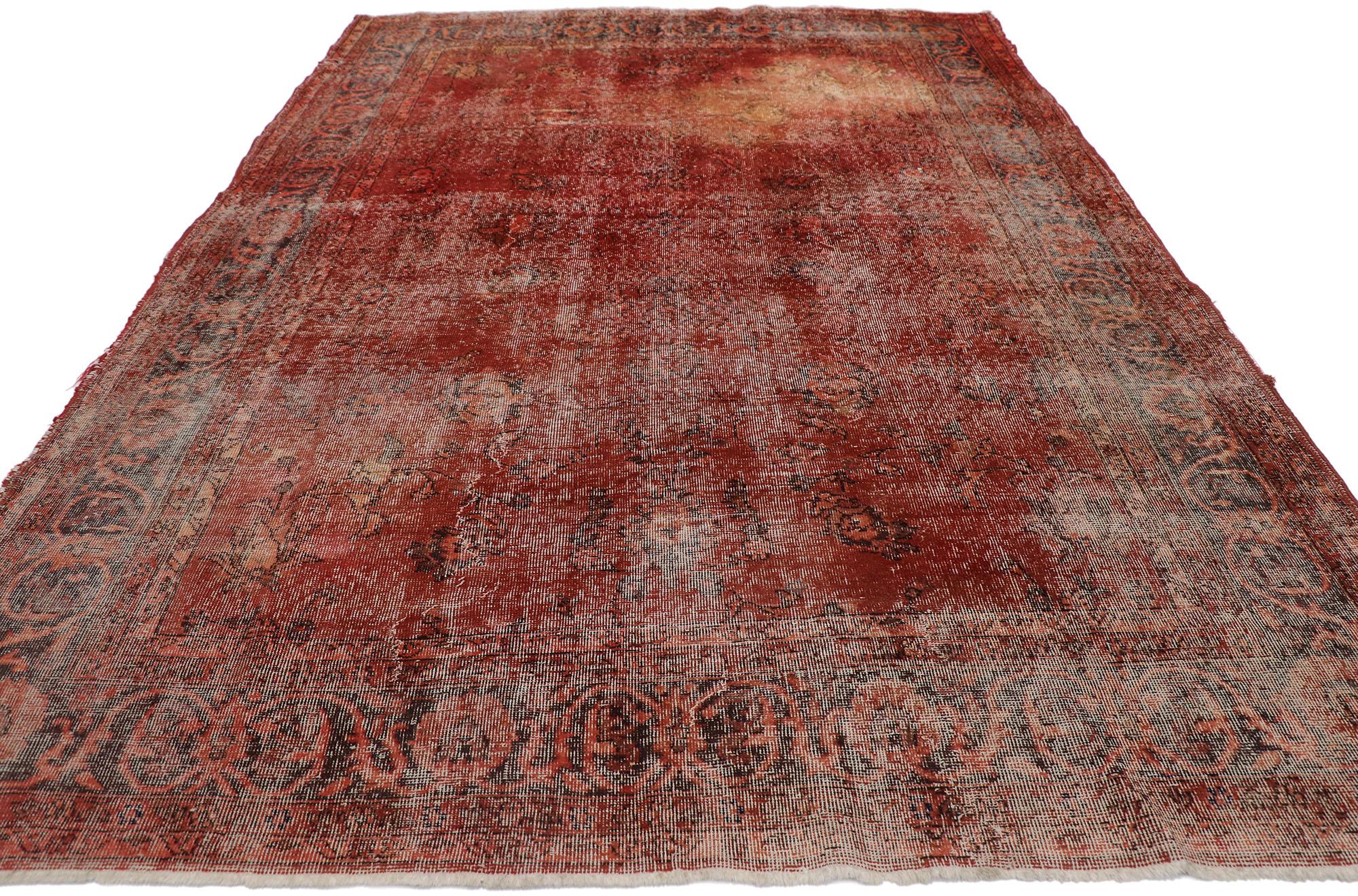 Rustic Distressed Weathered Vintage Turkish Overdyed Rug For Sale