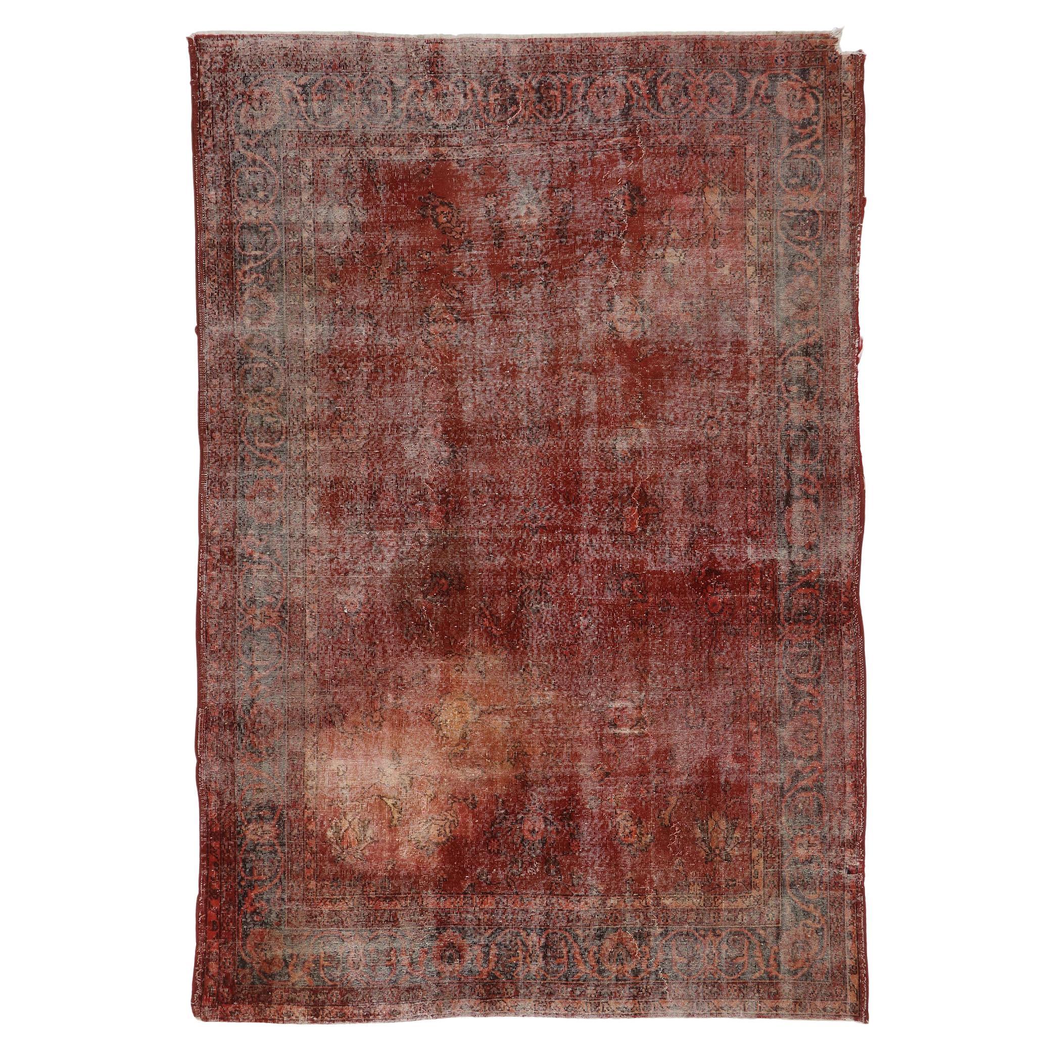 Distressed Weathered Vintage Turkish Overdyed Rug For Sale
