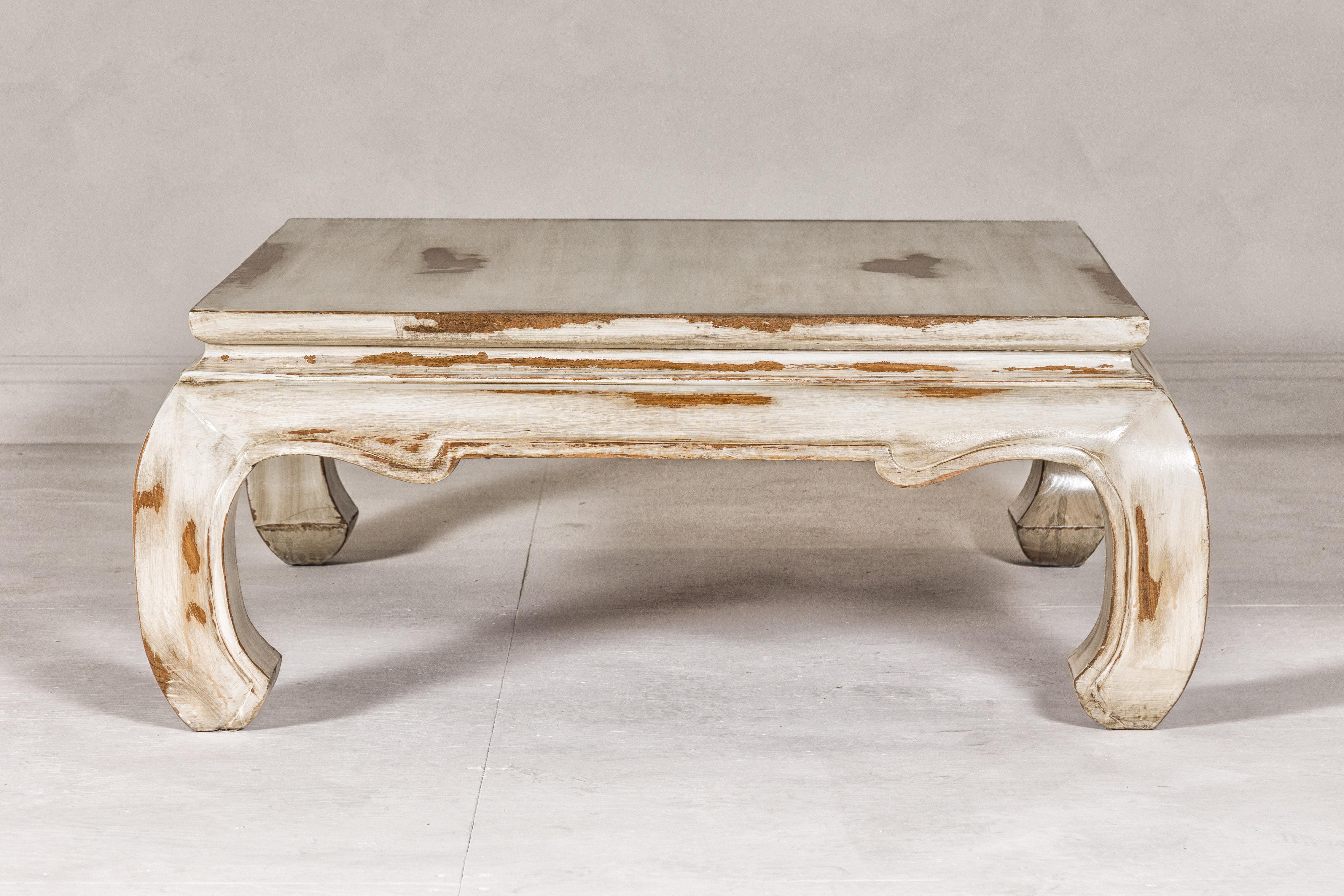 Distressed White Coffee Table with Chow Legs and Square Top, Vintage 3