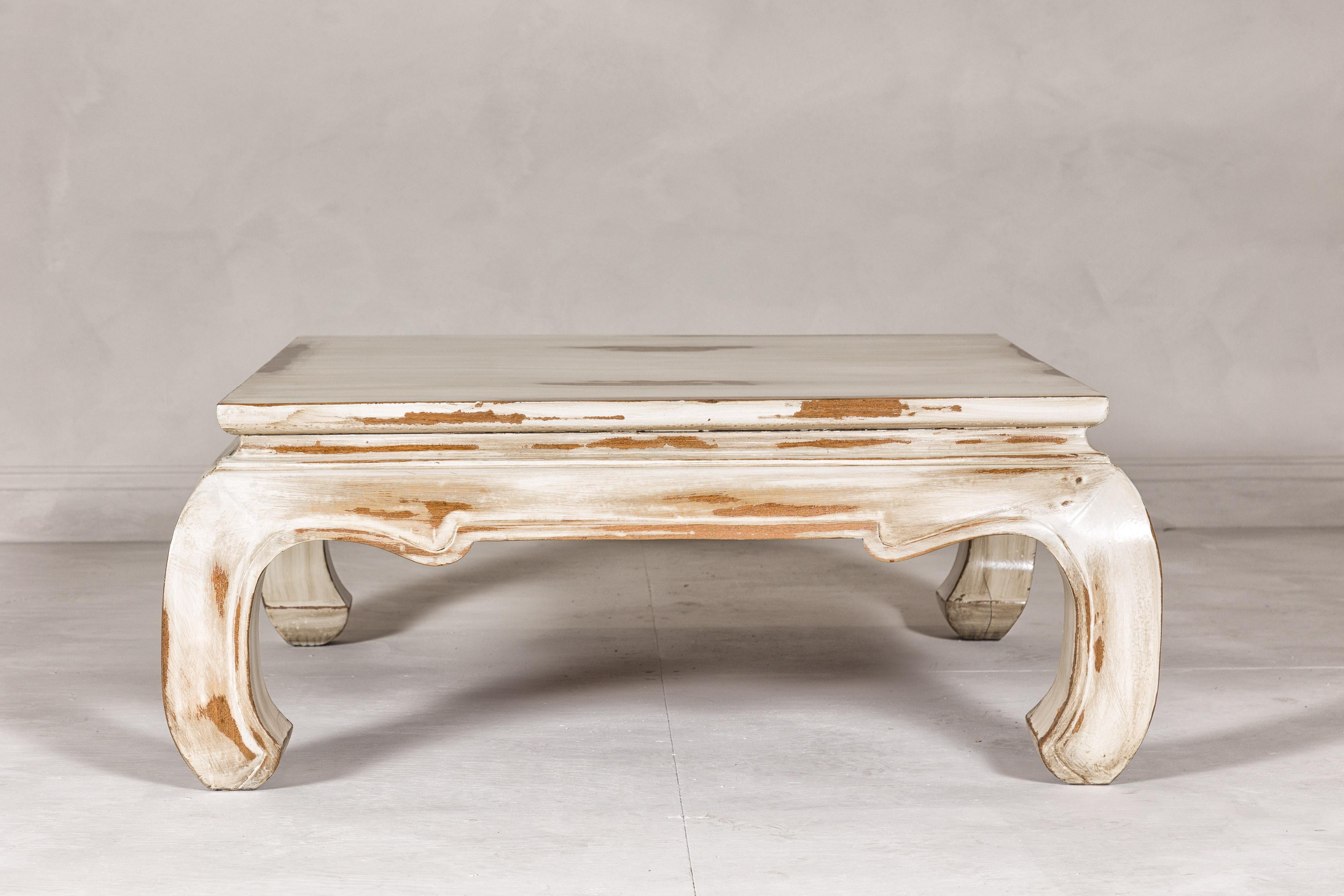 Asian Distressed White Coffee Table with Chow Legs and Square Top, Vintage