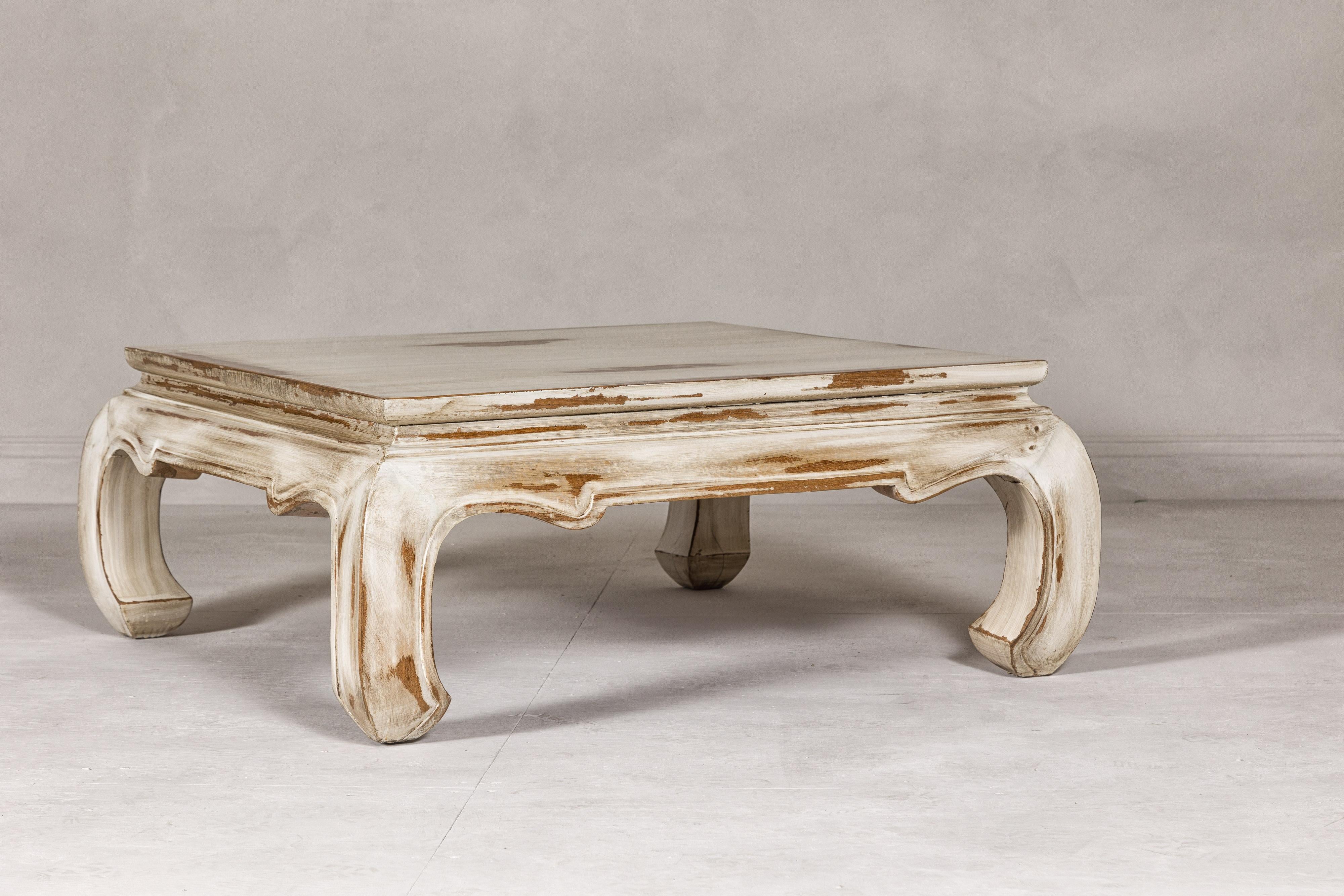 Carved Distressed White Coffee Table with Chow Legs and Square Top, Vintage