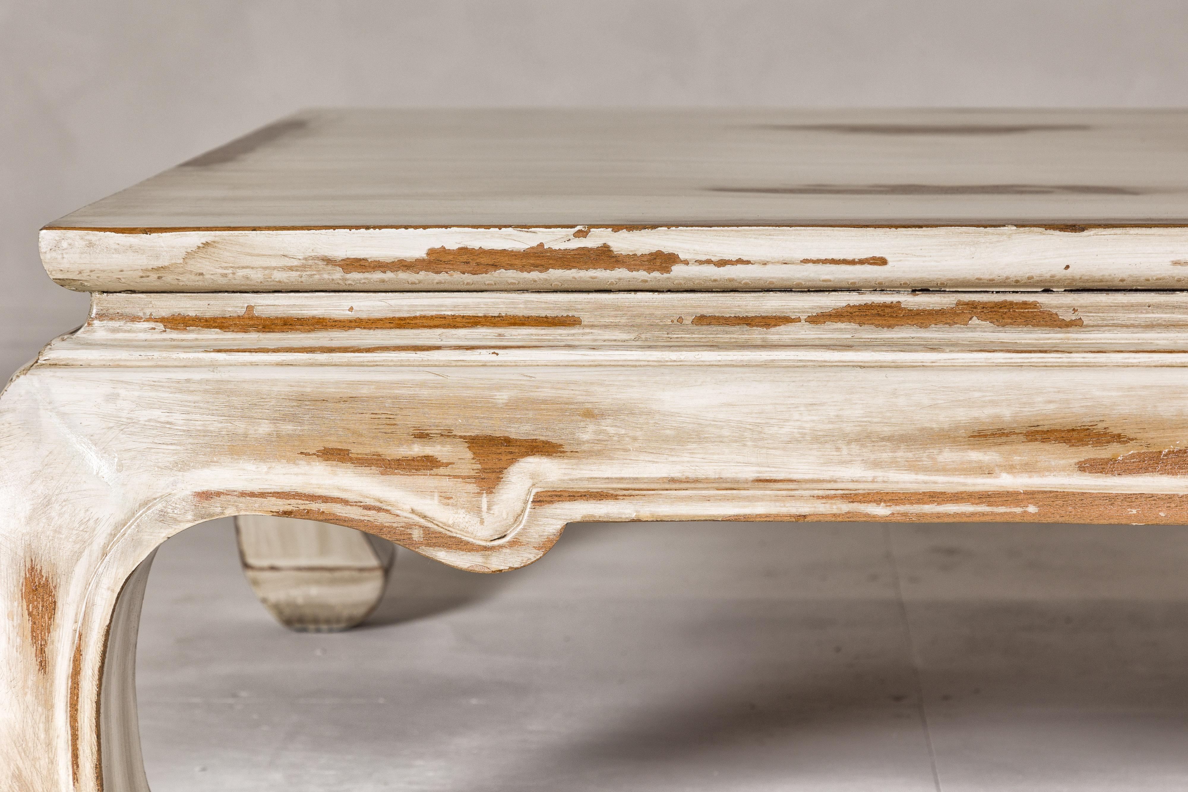 20th Century Distressed White Coffee Table with Chow Legs and Square Top, Vintage