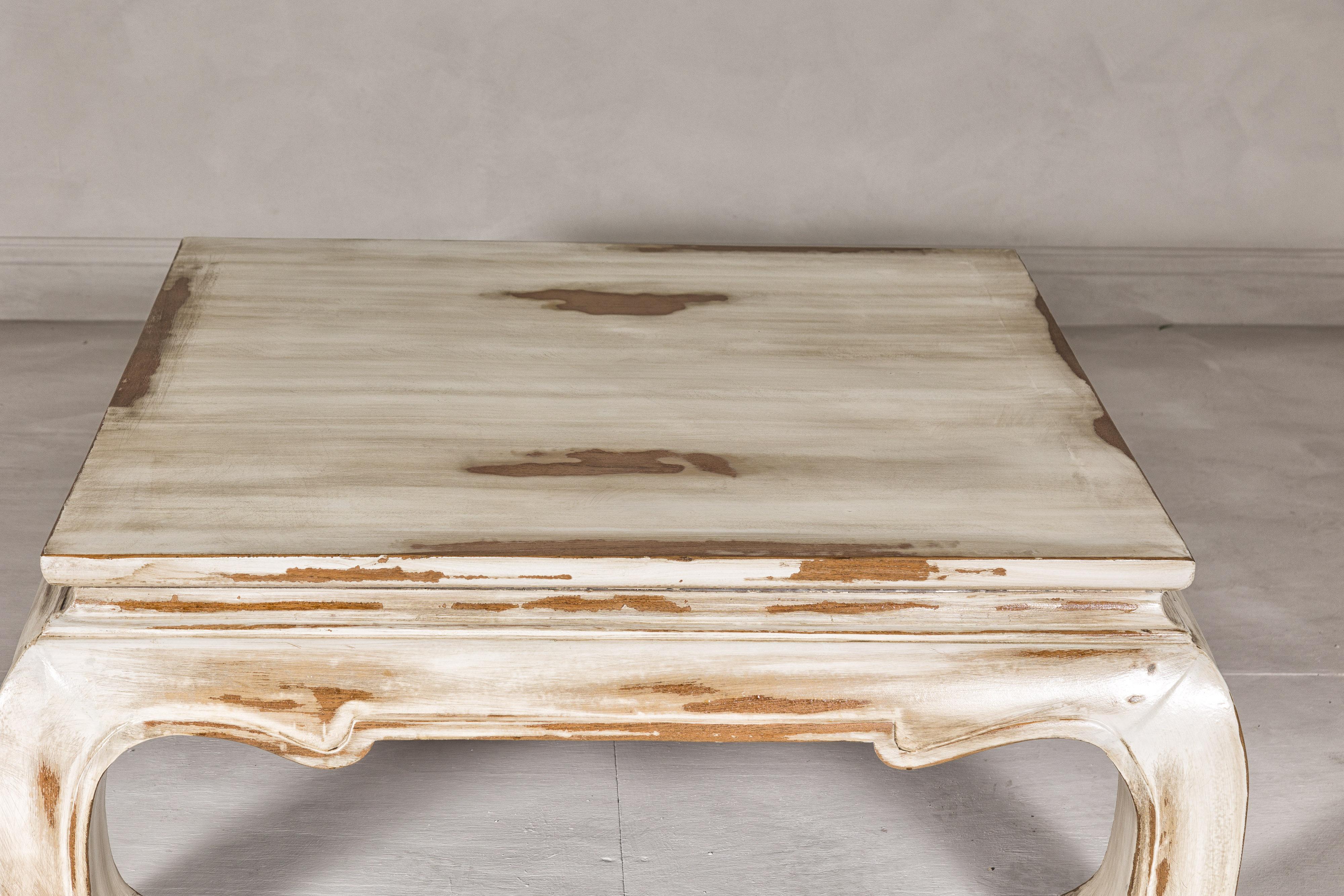 Wood Distressed White Coffee Table with Chow Legs and Square Top, Vintage