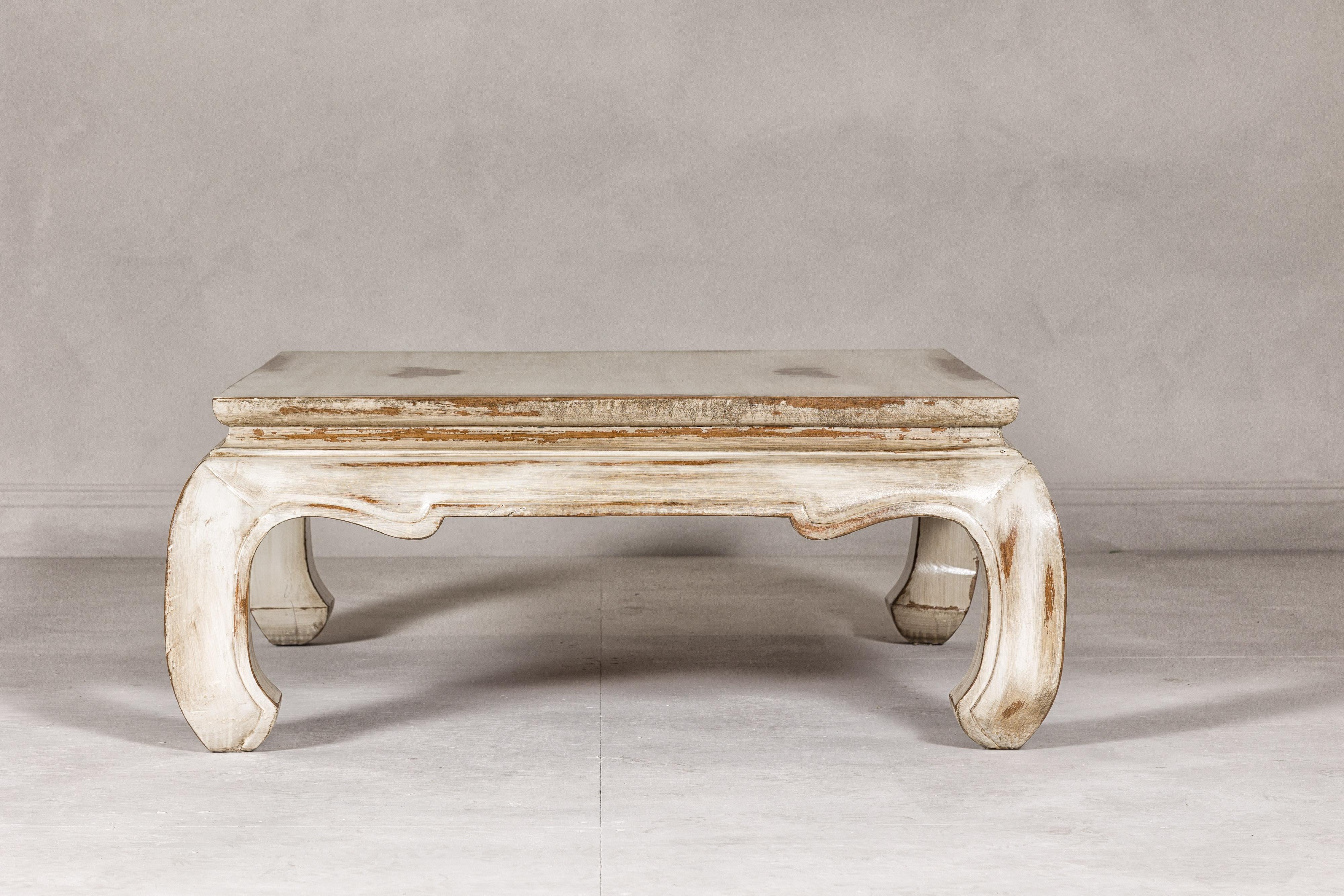 Distressed White Coffee Table with Chow Legs and Square Top, Vintage 1