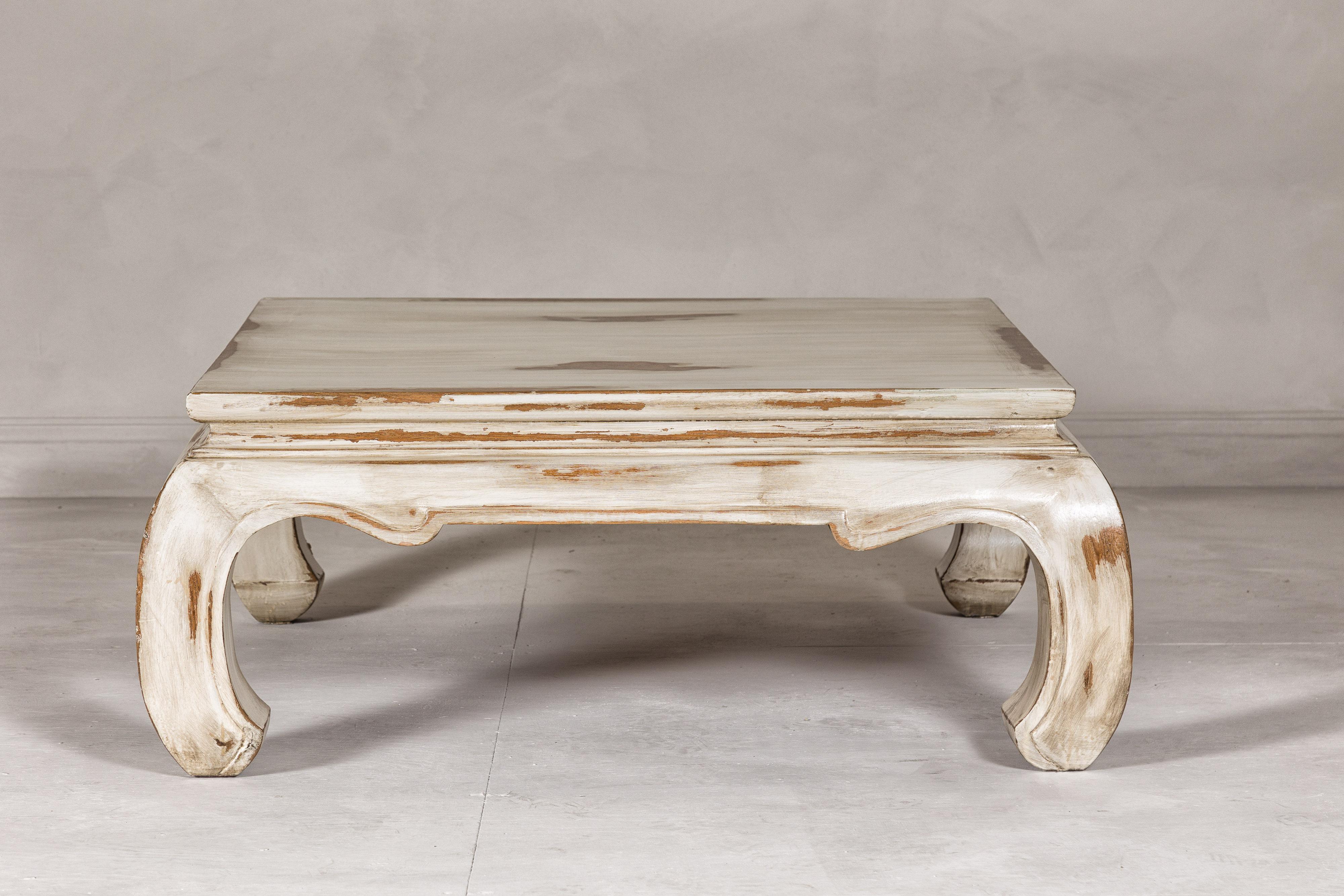 Distressed White Coffee Table with Chow Legs and Square Top, Vintage 2