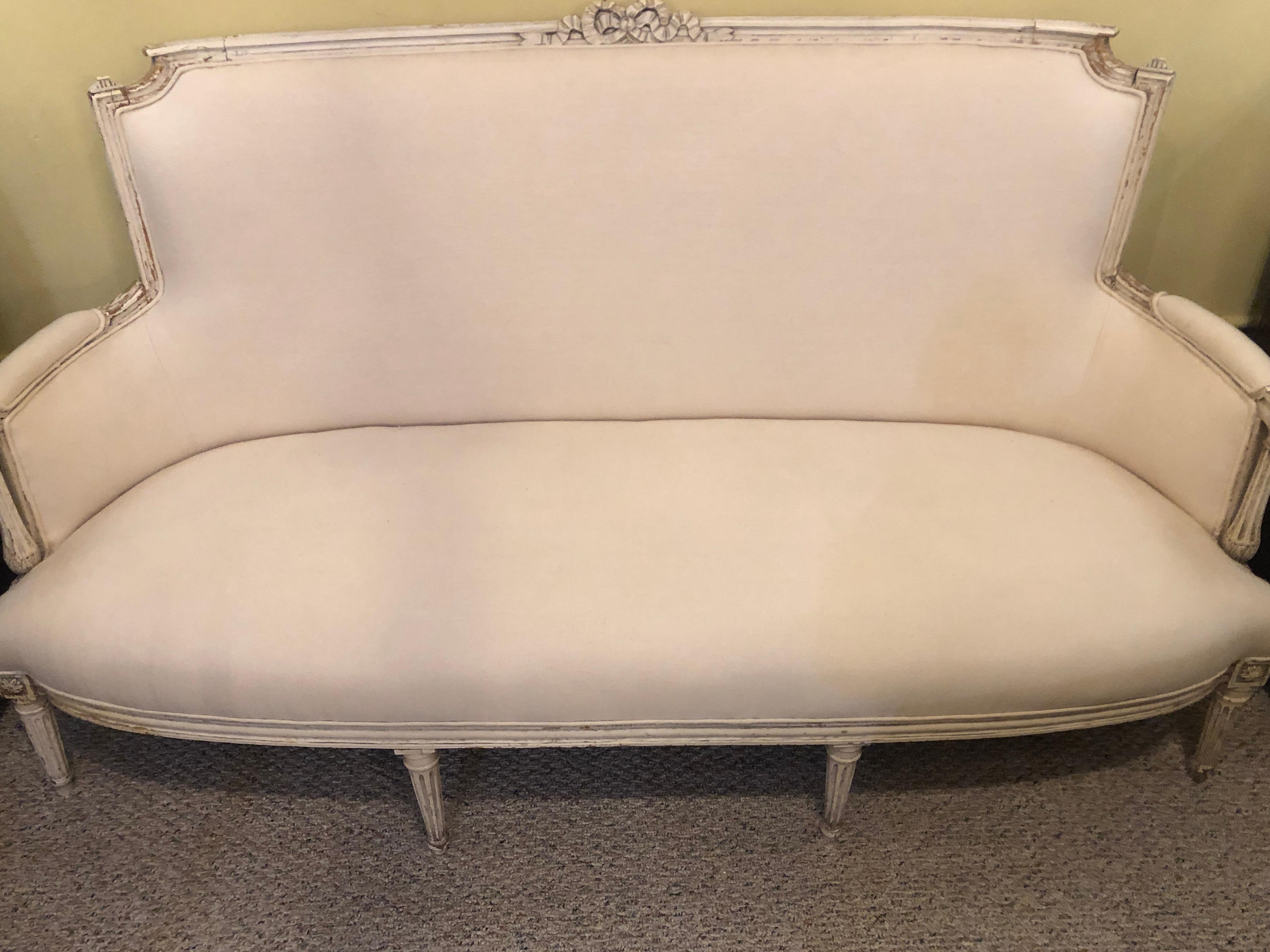 French Distressed White Paint Decorated Louis XVI Style Swedish Settee or Sofa