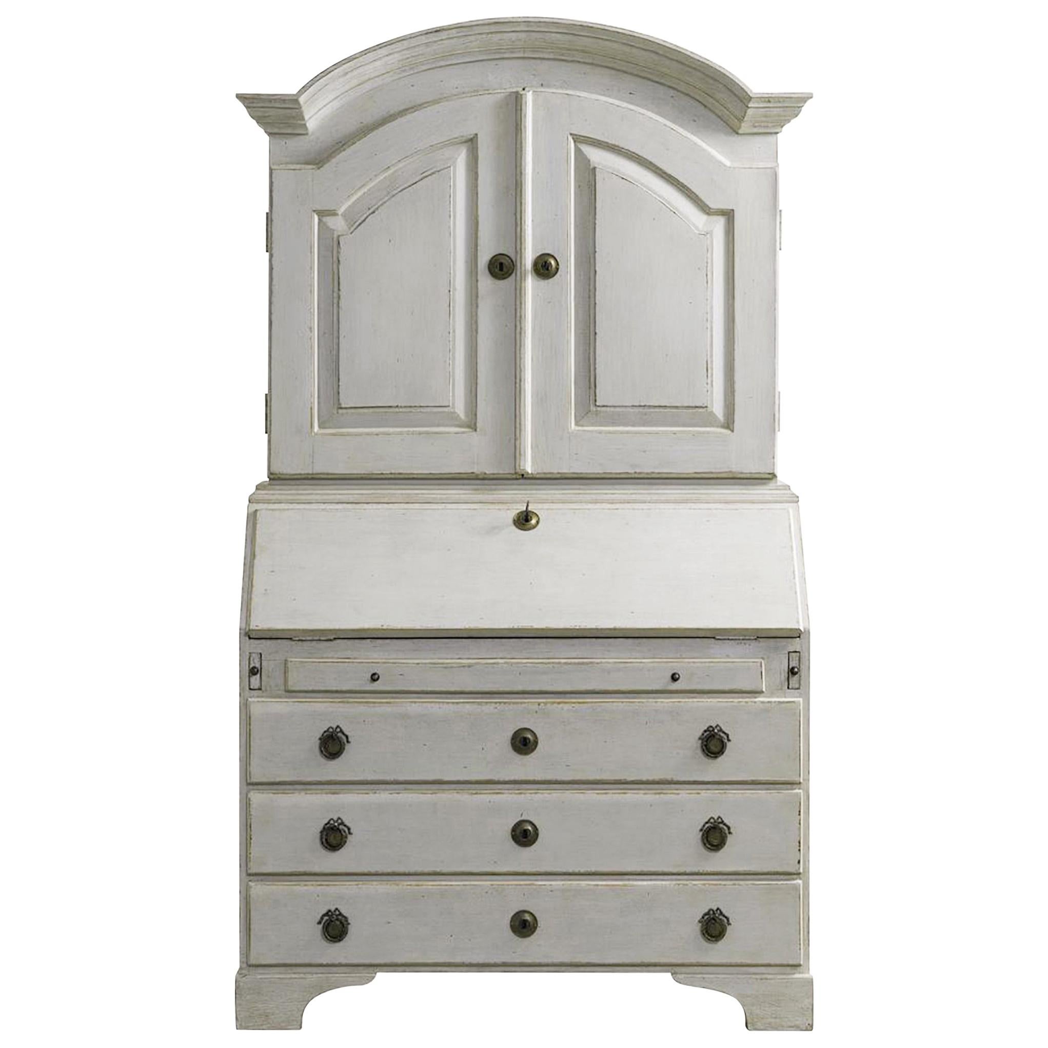 Distressed White Painted Gustavian Style Bureau, Secretaire For Sale