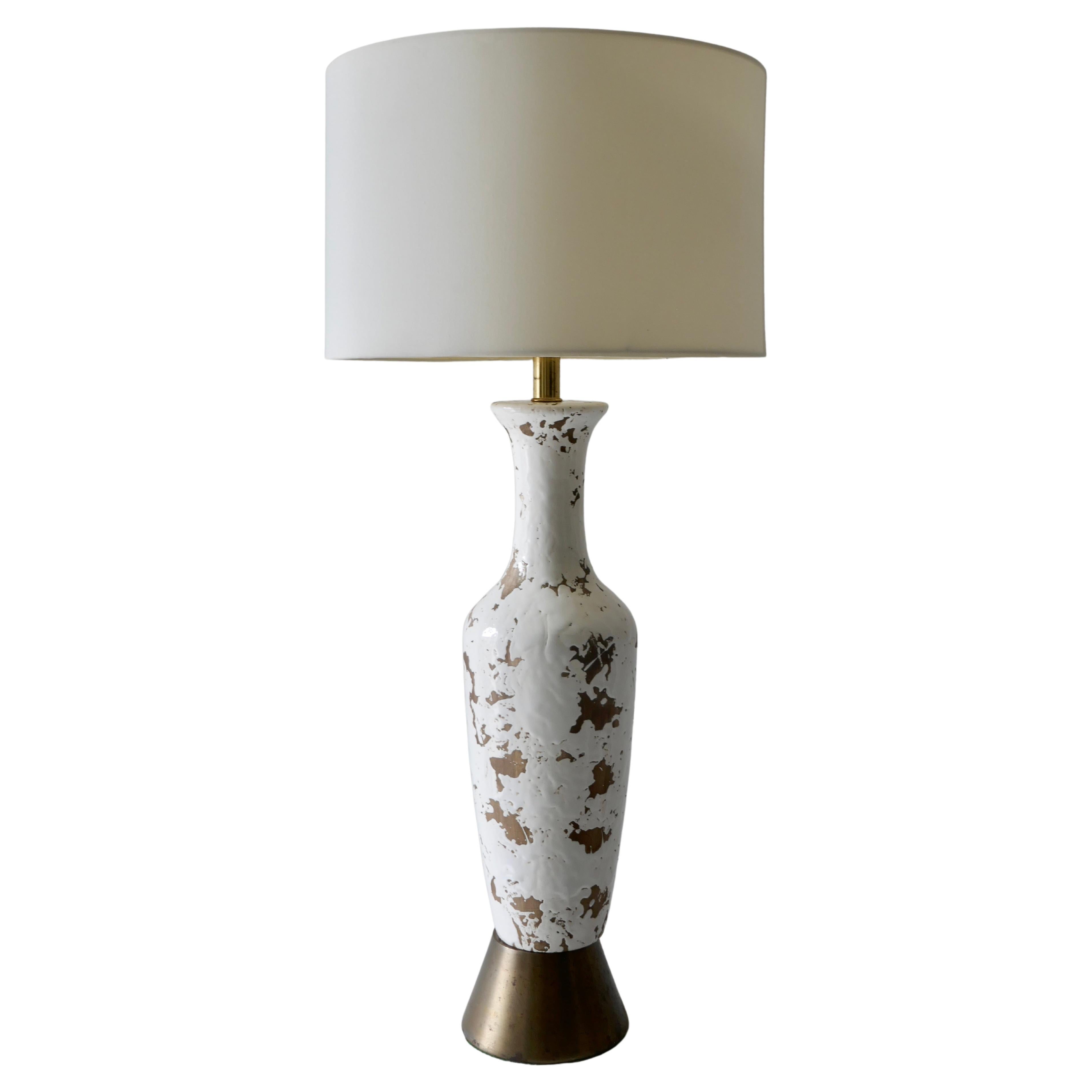Distressed White Tall Mid Century American Ceramic Table Lamp For Sale