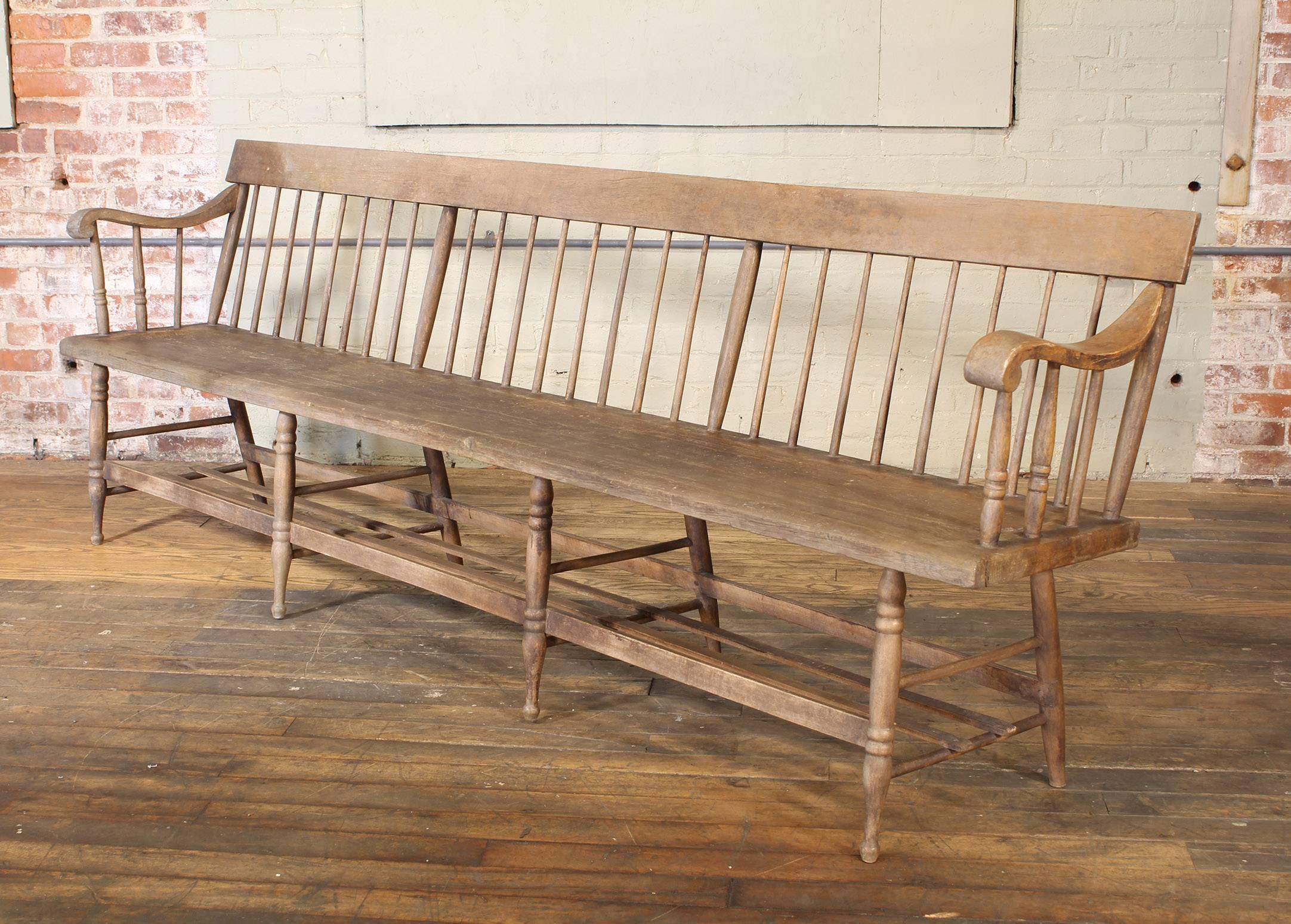 20th Century Distressed Windsor Deacon's Wooden Bench