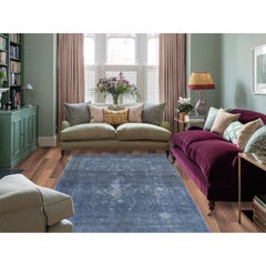 Distressed Worn Wool Hand Knotted Gray Vintage Overdyed Persian Tabriz Rug