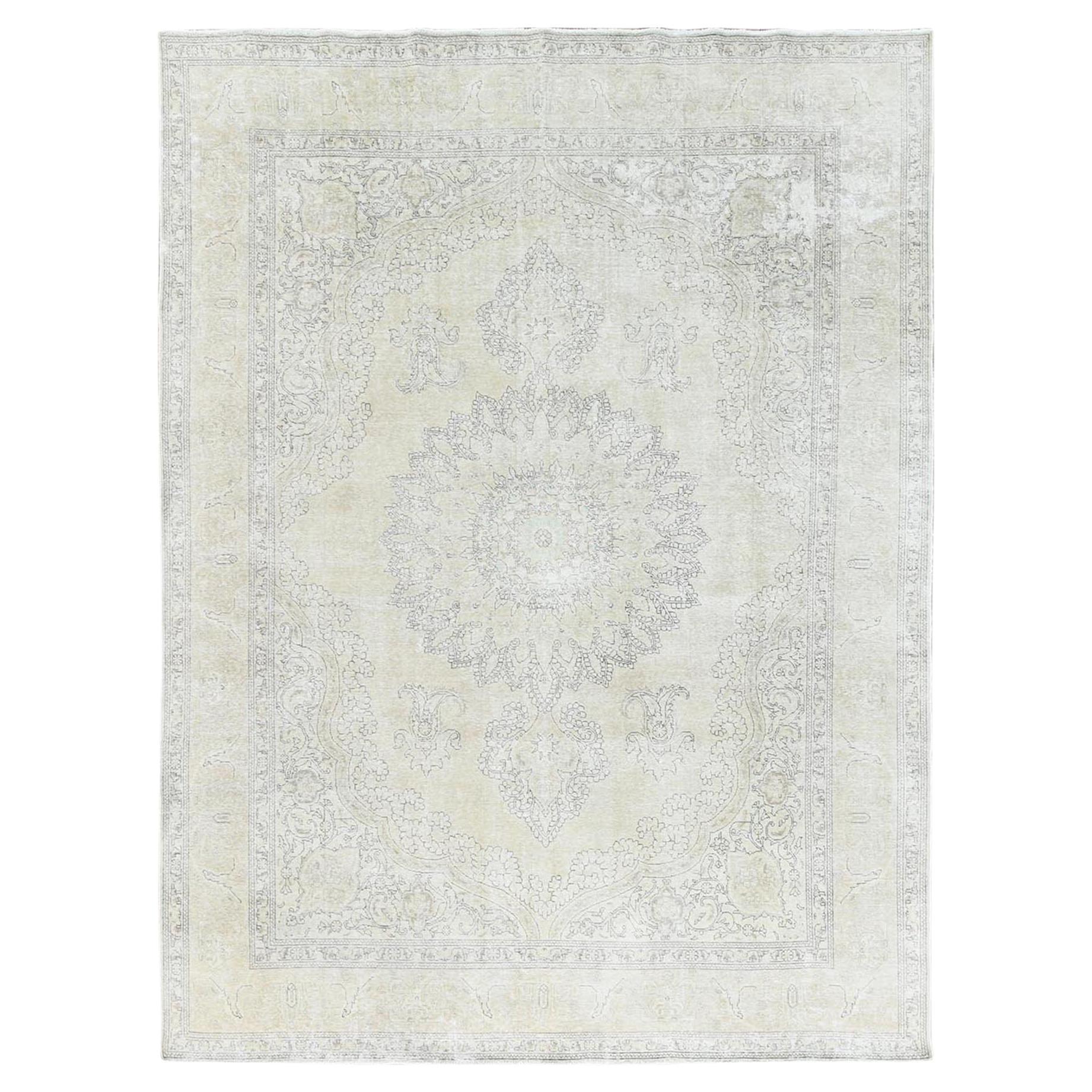 Distressed Hand Knotted Beige Vintage Milk Wash Persian Tabriz Worn ...