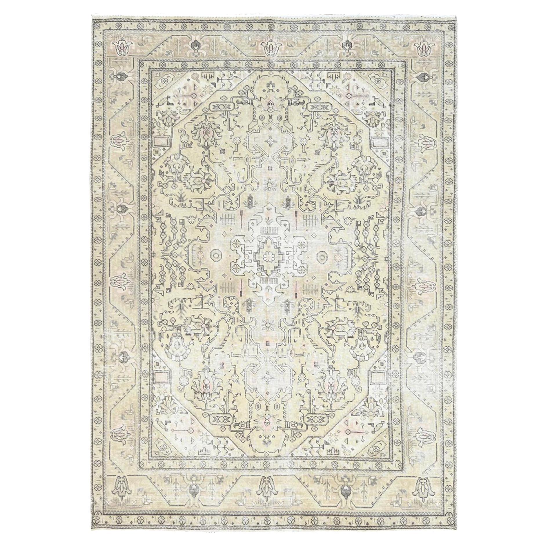 Distressed Worn Wool Ivory Vintage White Wash Persian Tabriz Hand Knotted Rug