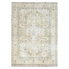 Distressed Worn Wool Ivory Retro White Wash Persian Tabriz Hand Knotted Rug