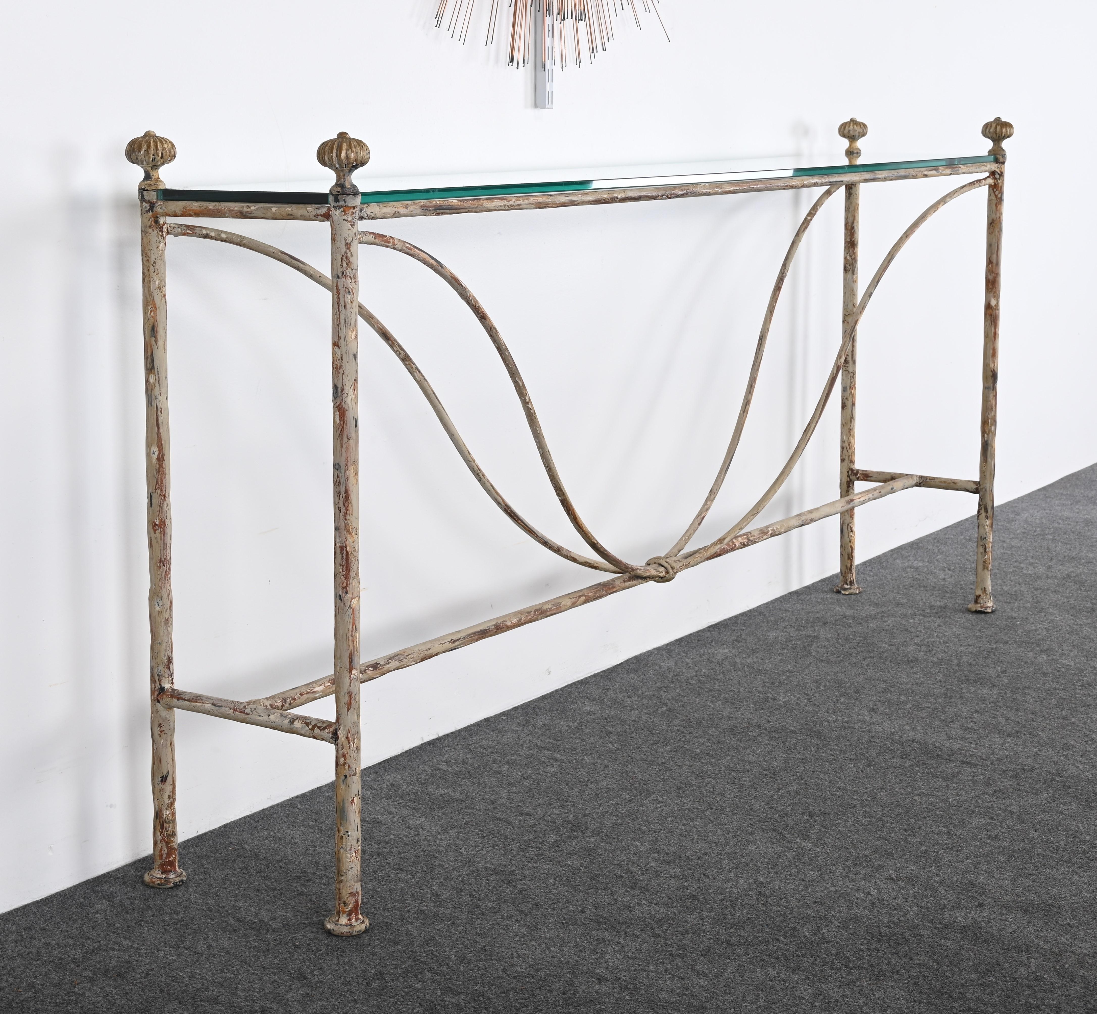 Glass Distressed Wrought Iron Console Table by Niermann Weeks, 20th Century