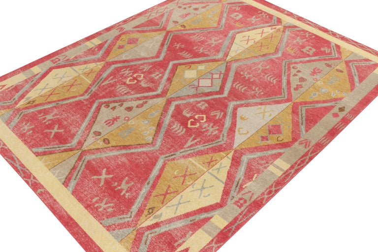 Rug and Kilim's Distressed Yuruk Style Custom Rug in Red, Gold Diamond