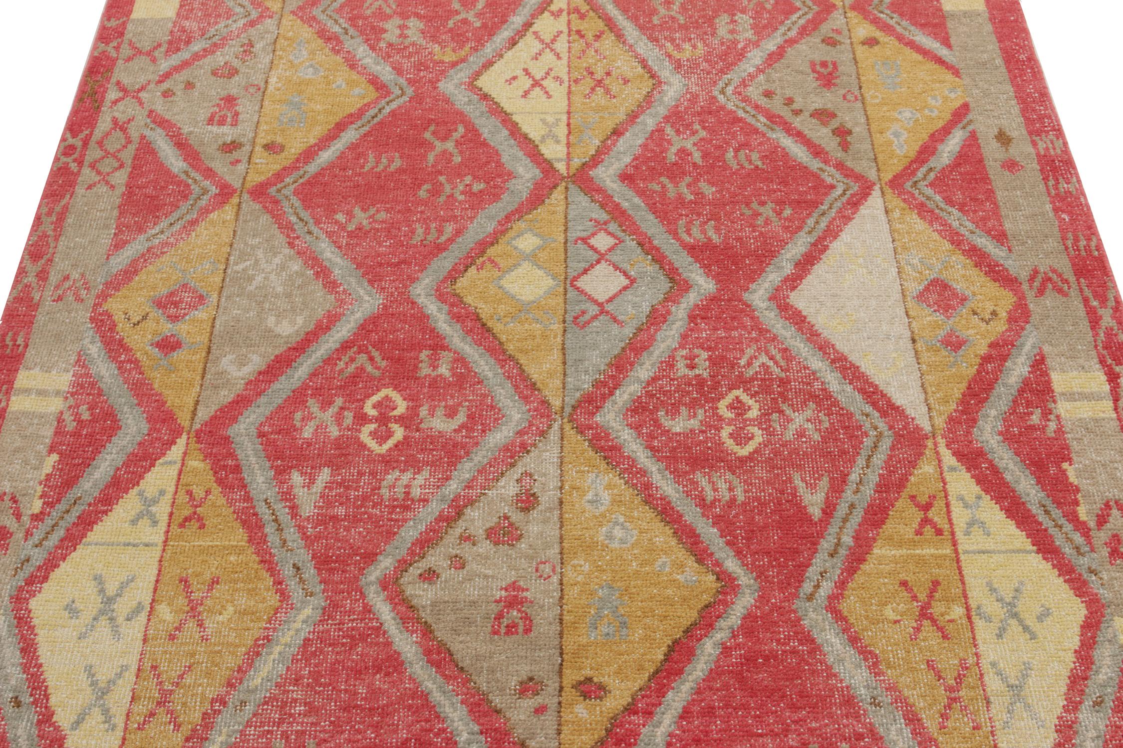 Indian Rug & Kilim's Distressed Yuruk Style Custom Rug in Red, Gold Diamond Pattern For Sale