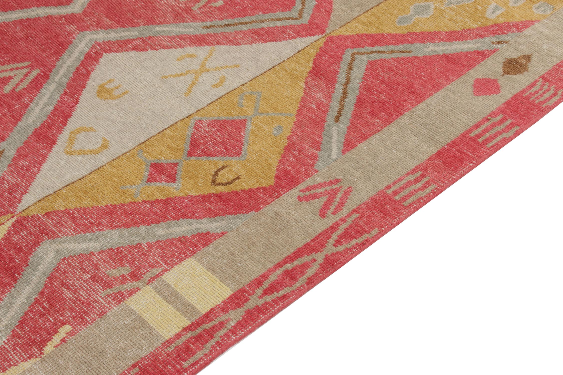 Indian Rug & Kilim's Distressed Yuruk Style Custom Rug in Red, Gold Diamond Pattern For Sale