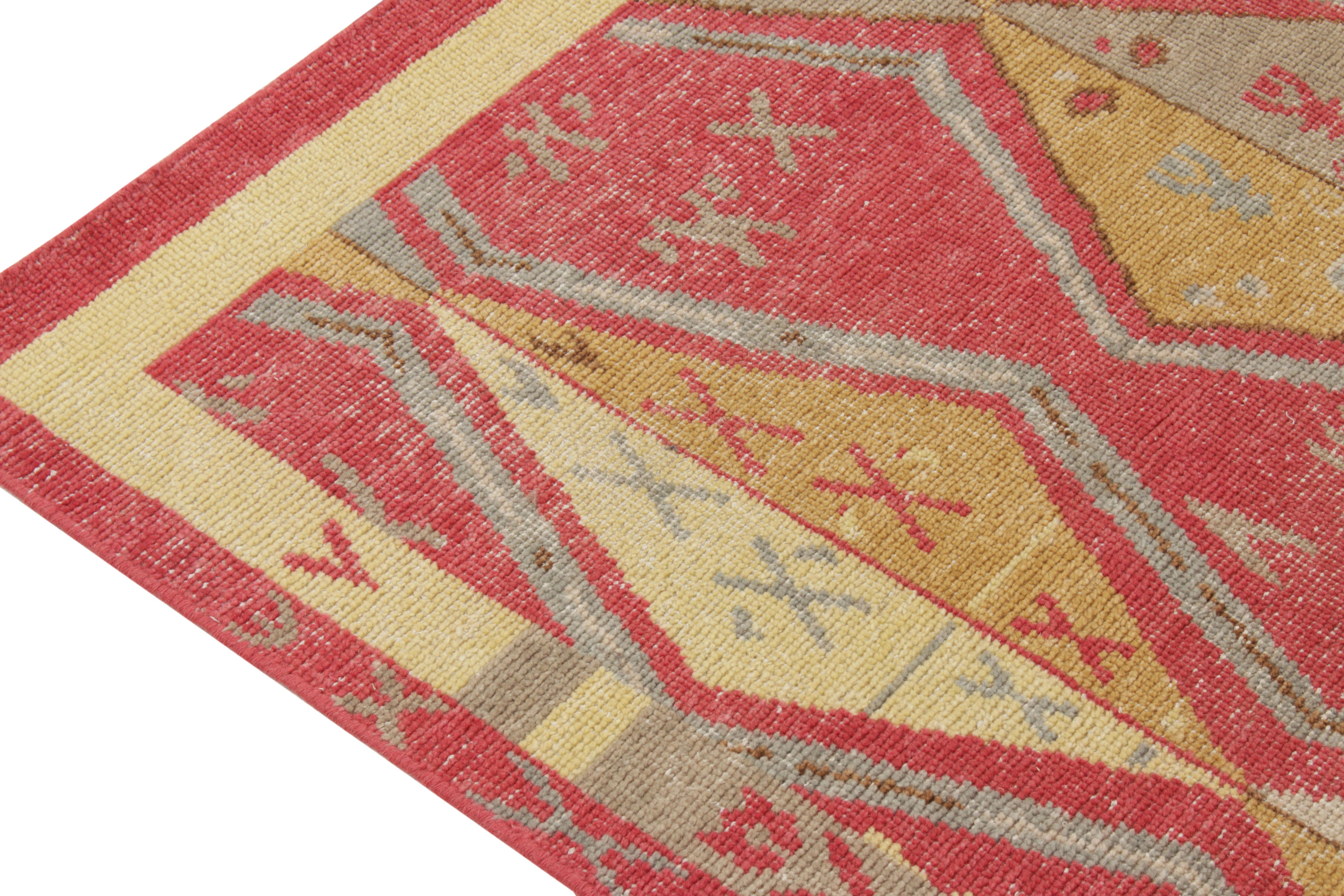 Hand-Knotted Rug & Kilim's Distressed Yuruk Style Custom Rug in Red, Gold Diamond Pattern For Sale