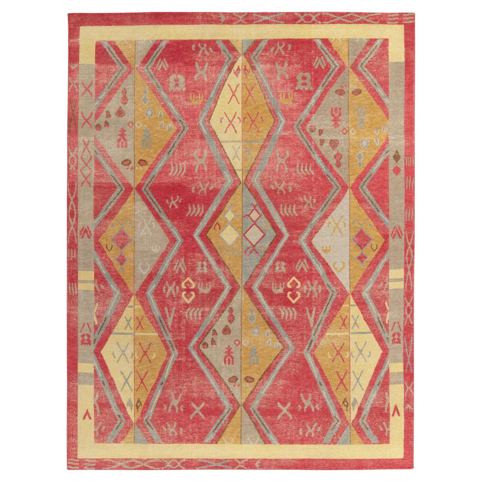 Rug & Kilim's Distressed Yuruk Style Custom Rug in Red, Gold Diamond Pattern For Sale