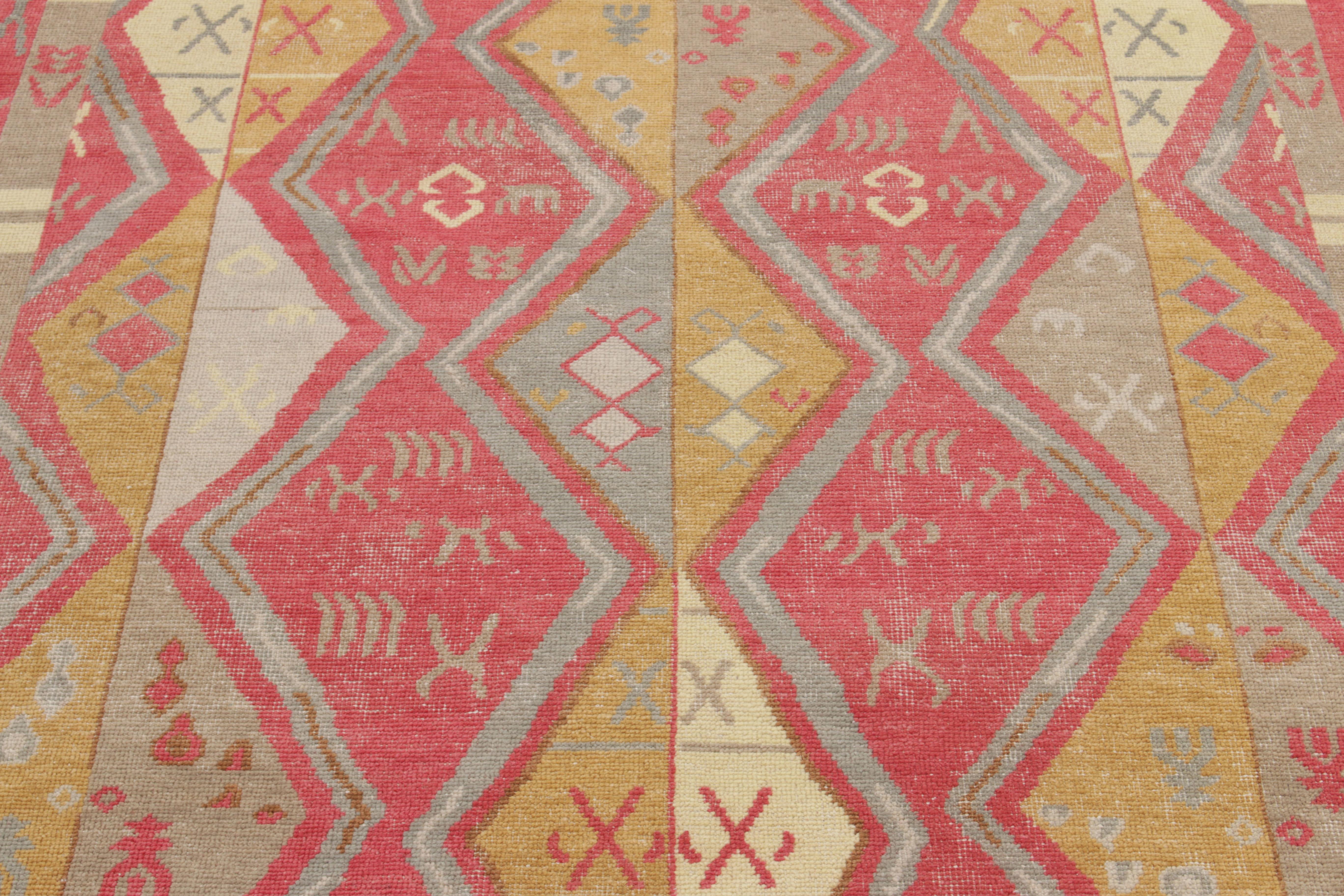 Indian Rug & Kilim's Distressed Yuruk Style Rug in Red, Gray, Gold Diamond Pattern For Sale
