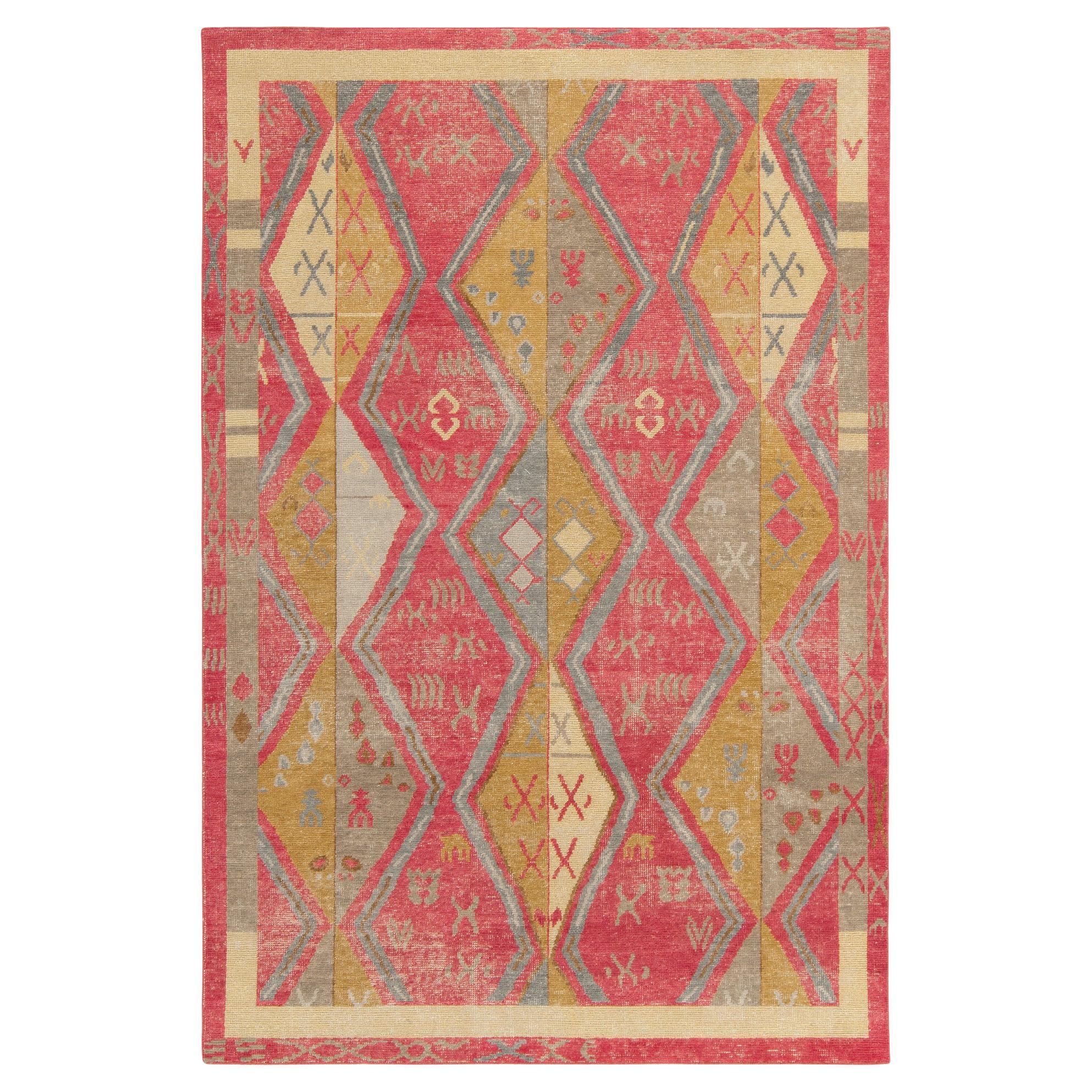 Rug & Kilim's Distressed Yuruk Style Rug in Red, Gray, Gold Diamond Pattern