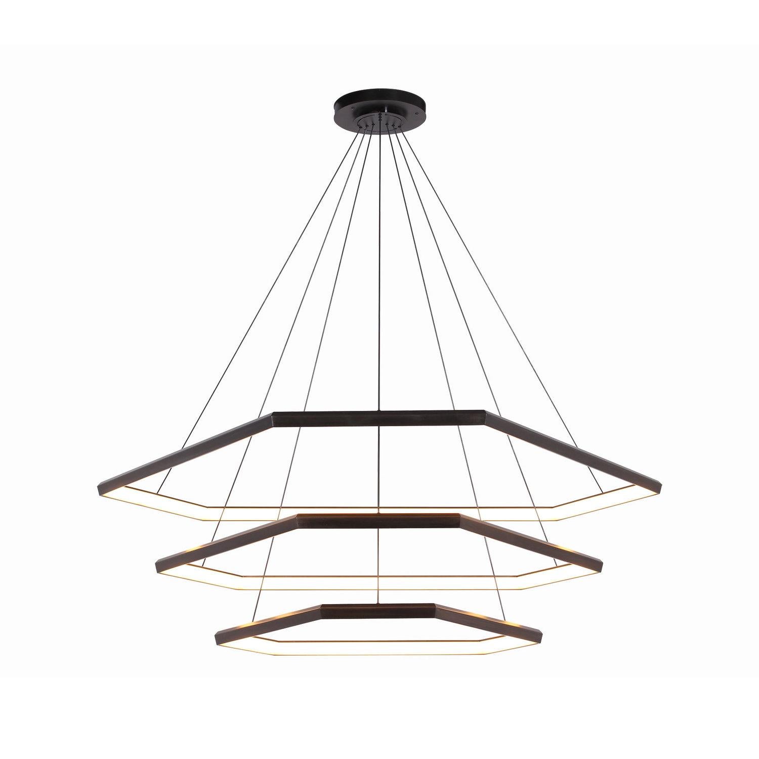 DITRI takes the form of a sleek ditrigon, a blend between a convex hexagon and a triangle. This line was inspired by the flawless natural form of the ditrigonal snowflake. This triple tiered fixture is a natural volumetric progression of the DITRI