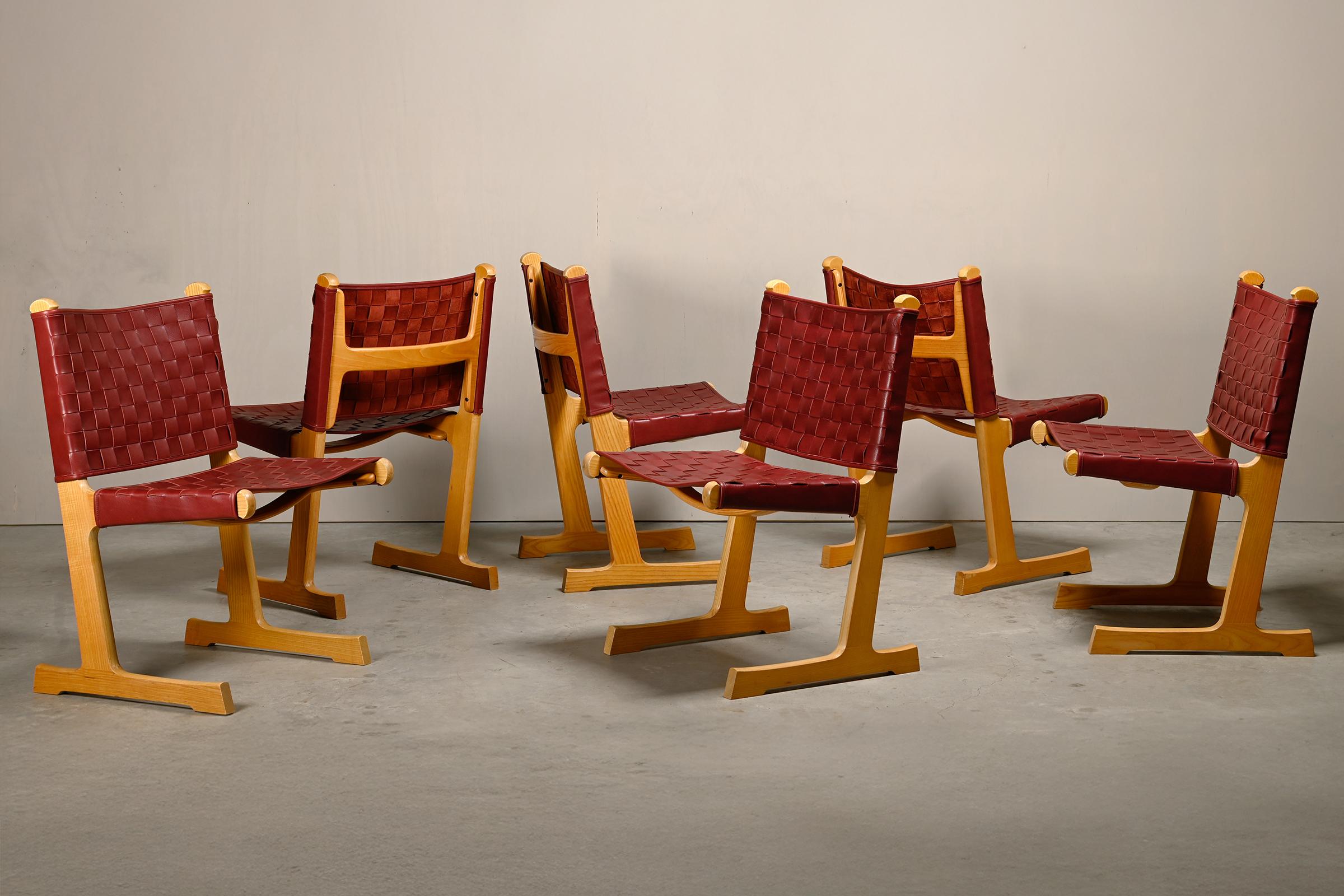 Dining Room Chairs (Model 594) desinged by Ditte & Adrian Heath for France & Søn, Denmark 1970s. The chairs are made of solid Ash wood and are in good vintage condition with minor wear. Seats have been reupholstered in oxblood colored leather in the