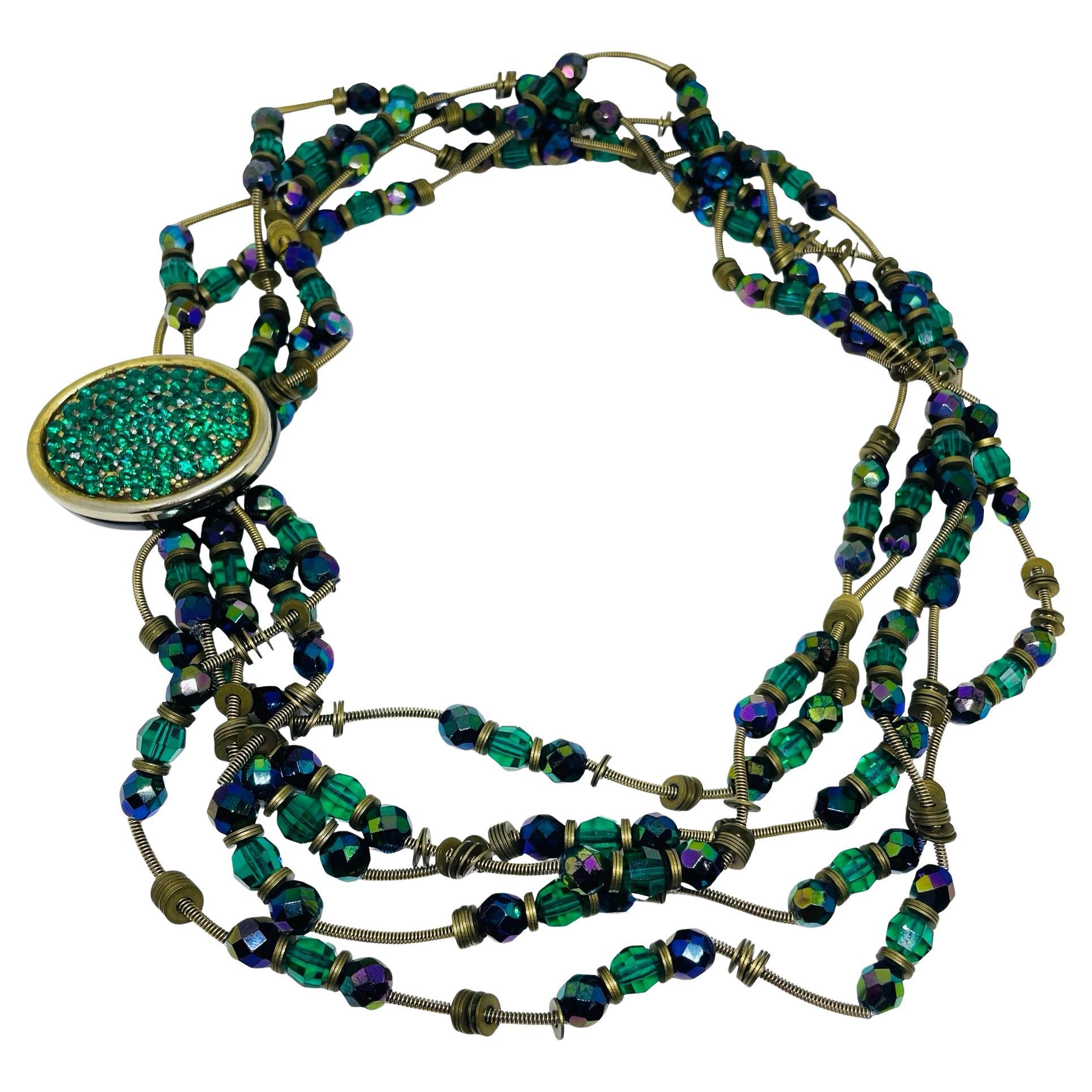 DIVA signed vintage emerald green purple glass beaded designer necklace For Sale