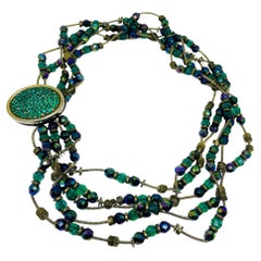 DIVA signed vintage emerald green purple glass beaded designer necklace