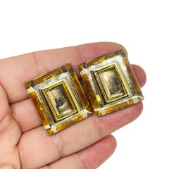 DIVA signed vintage gold tone black clear resin designer clip on earrings