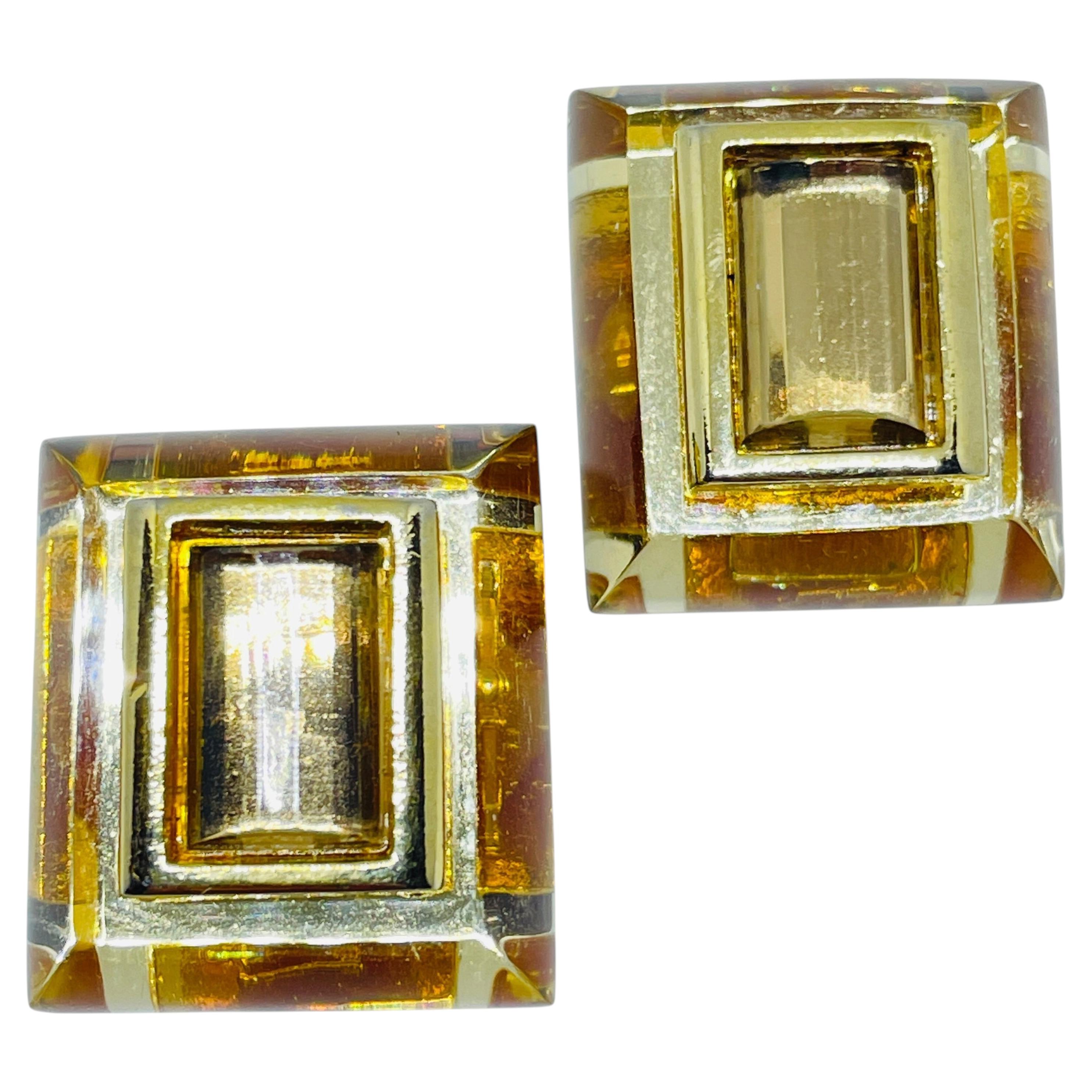 DIVA signed vintage gold tone black clear resin designer clip on earrings