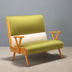 Divanetto Vintage Anni '50 in Velluto Bicolore verde chiaro e panna.