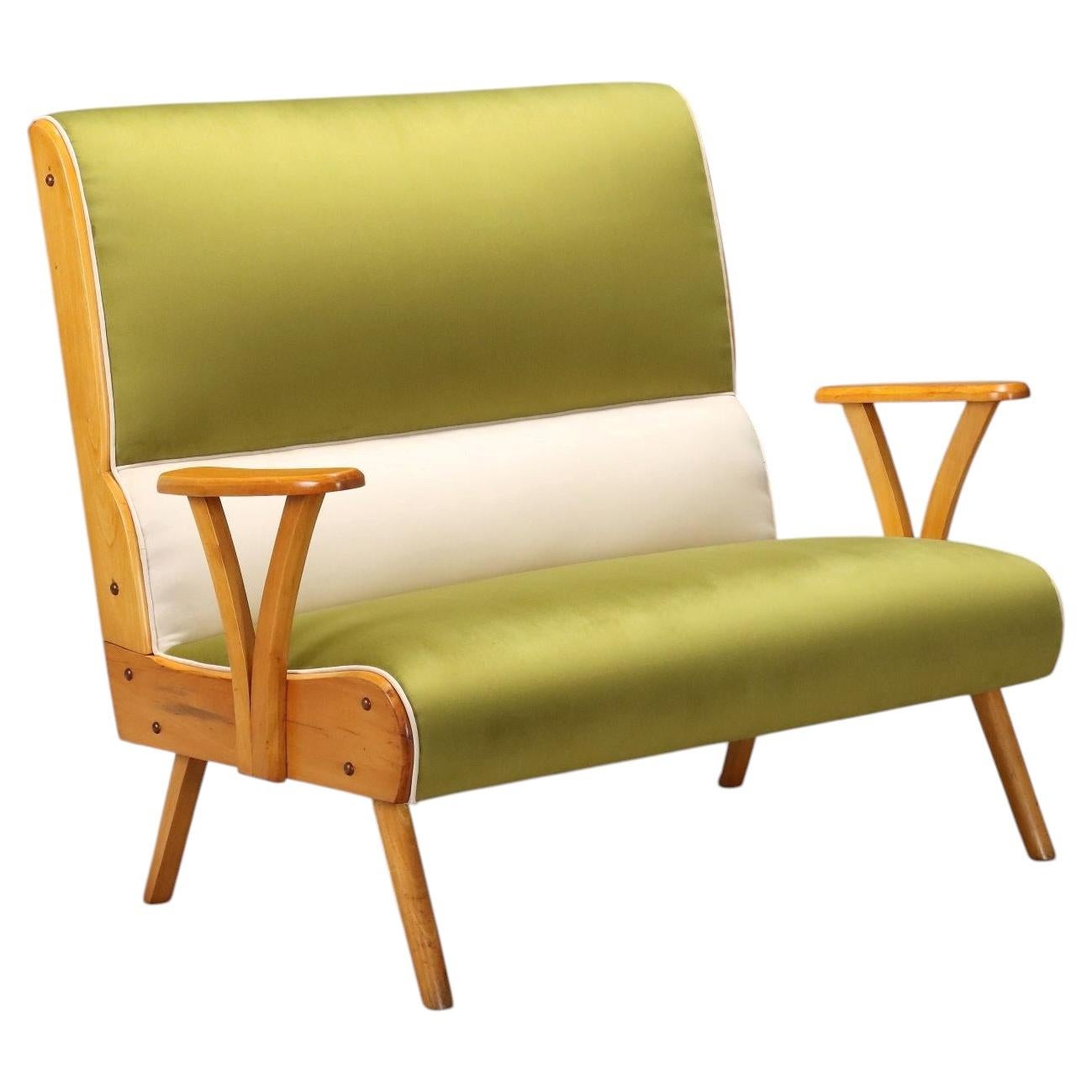 Vintage 1950s Two-Seater Sofa in Two-Tone Velvet: Light Green and Cream. For Sale