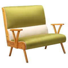 Divanetto Vintage Anni '50 in Velluto Bicolore verde chiaro e panna.