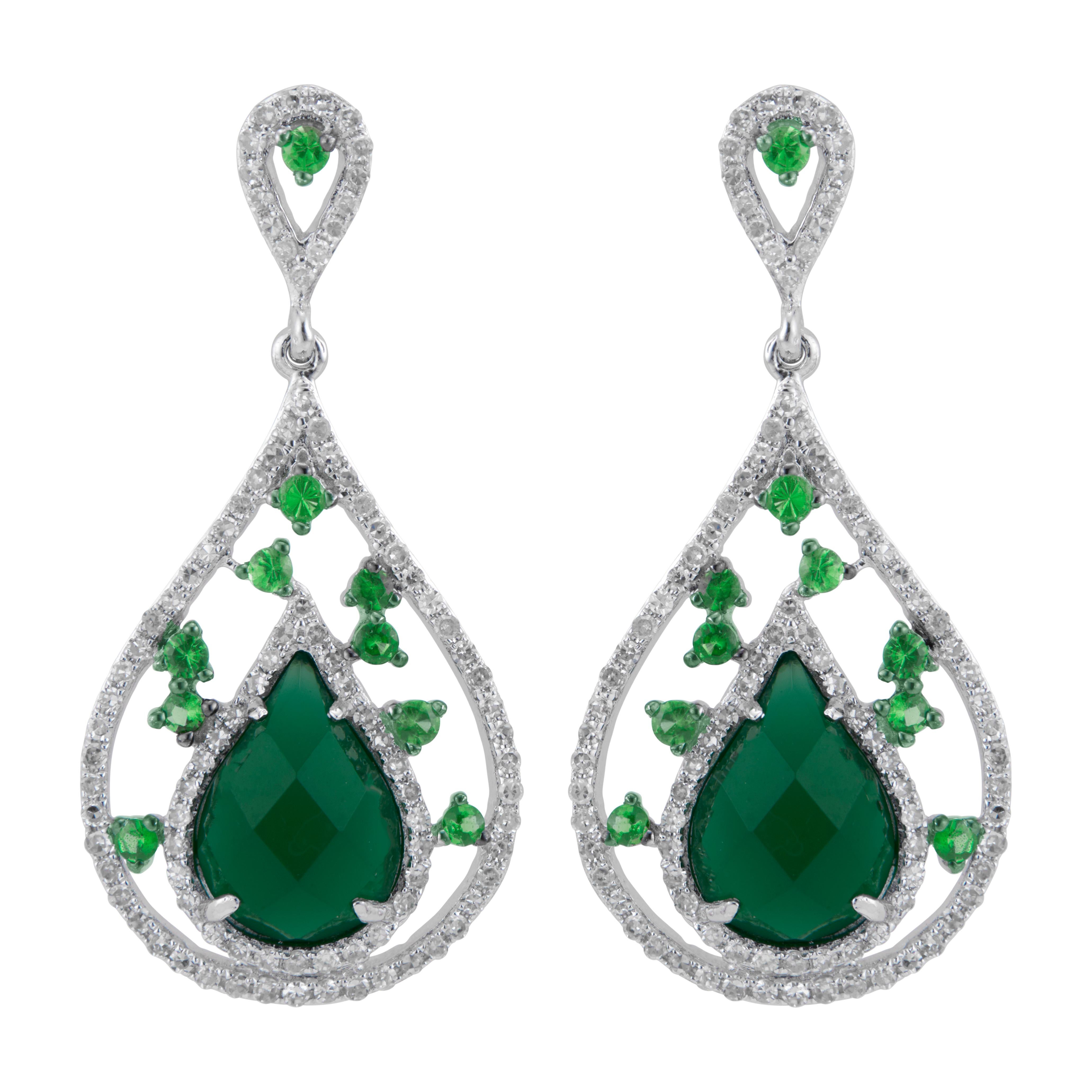 Designer Divani, Green Agate Tsavorite Garnet and diamond dangle earrings. 2 pear shaped green Agate with a halo of round Tsavorites and pave diamonds in 14k white gold.  

2 pear shaped green Agate 9.81 x 6.53 x 4.01mm
20 round bright green