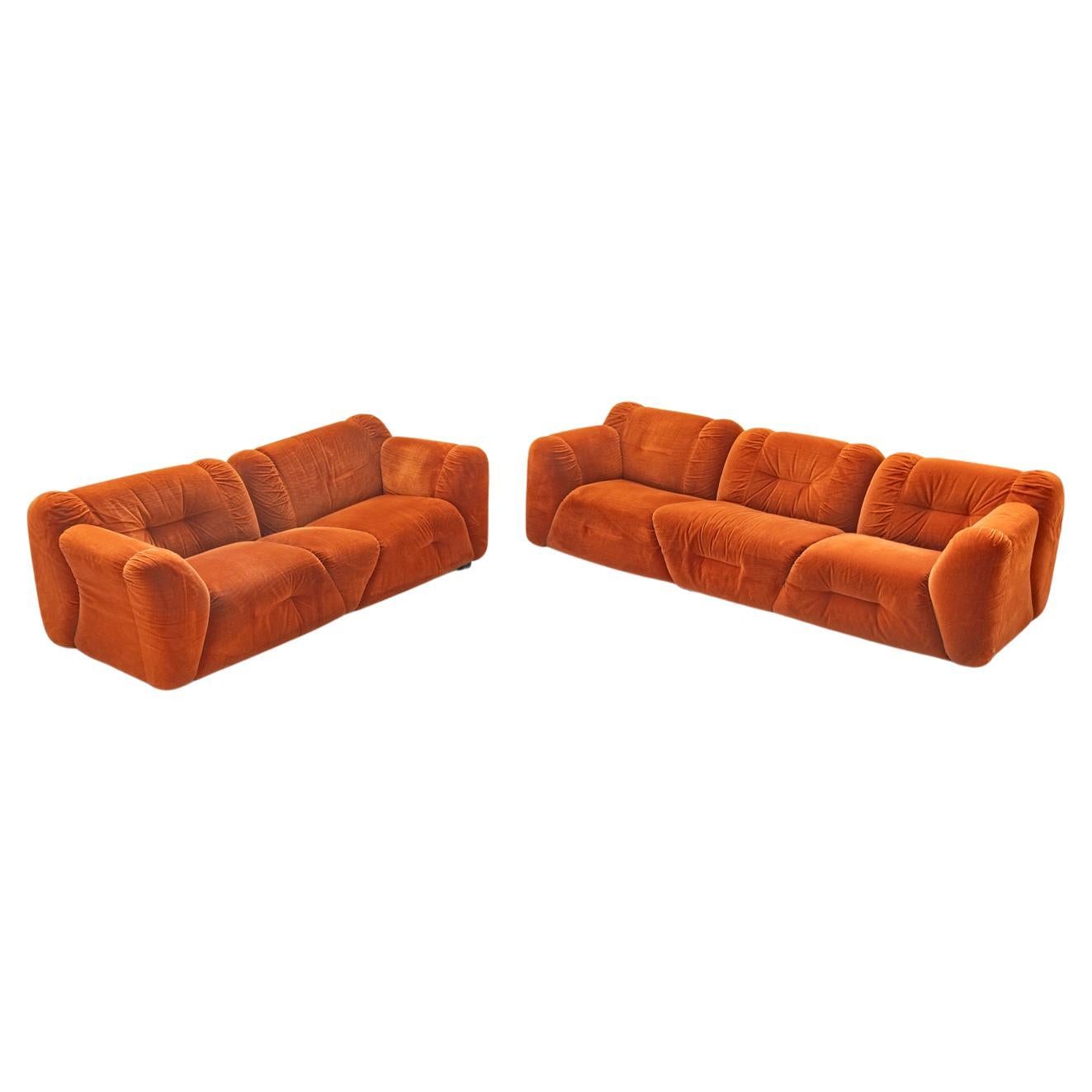 Orange chenille sofas, two and three seater, set of 2, 1970s