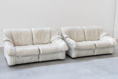 White leather sofas with pull-out center table, 1970, set of 2