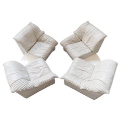 White leather sofas with pull-out center table, 1970, set of 2