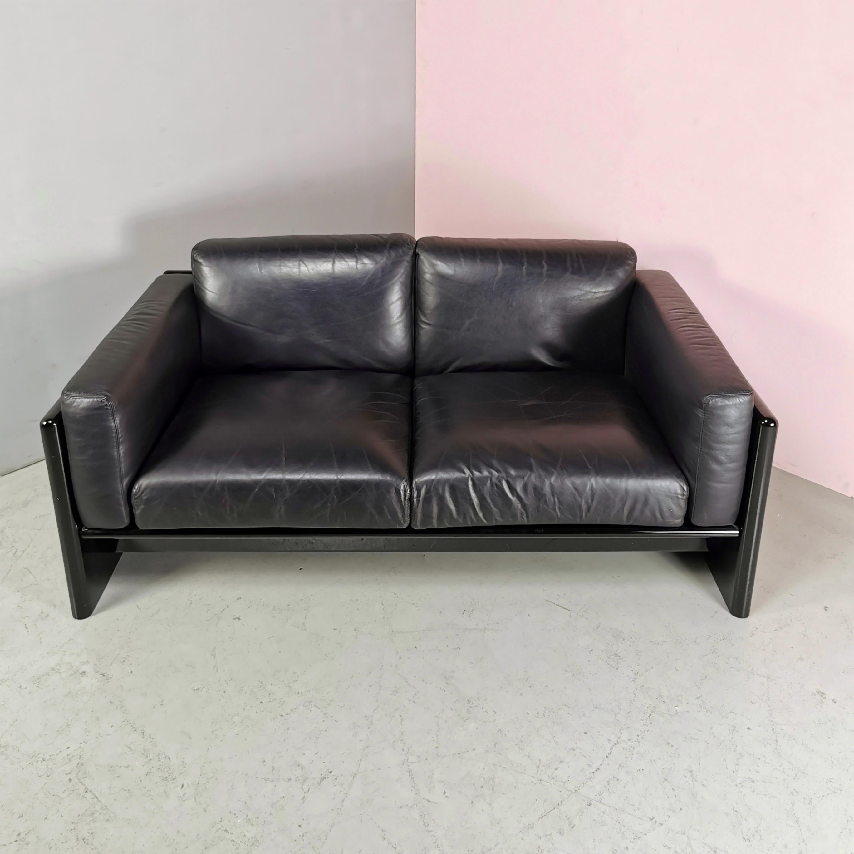 Black Leather 2 Seater Sofa Studio Simon by Gavina 1970s For Sale 3