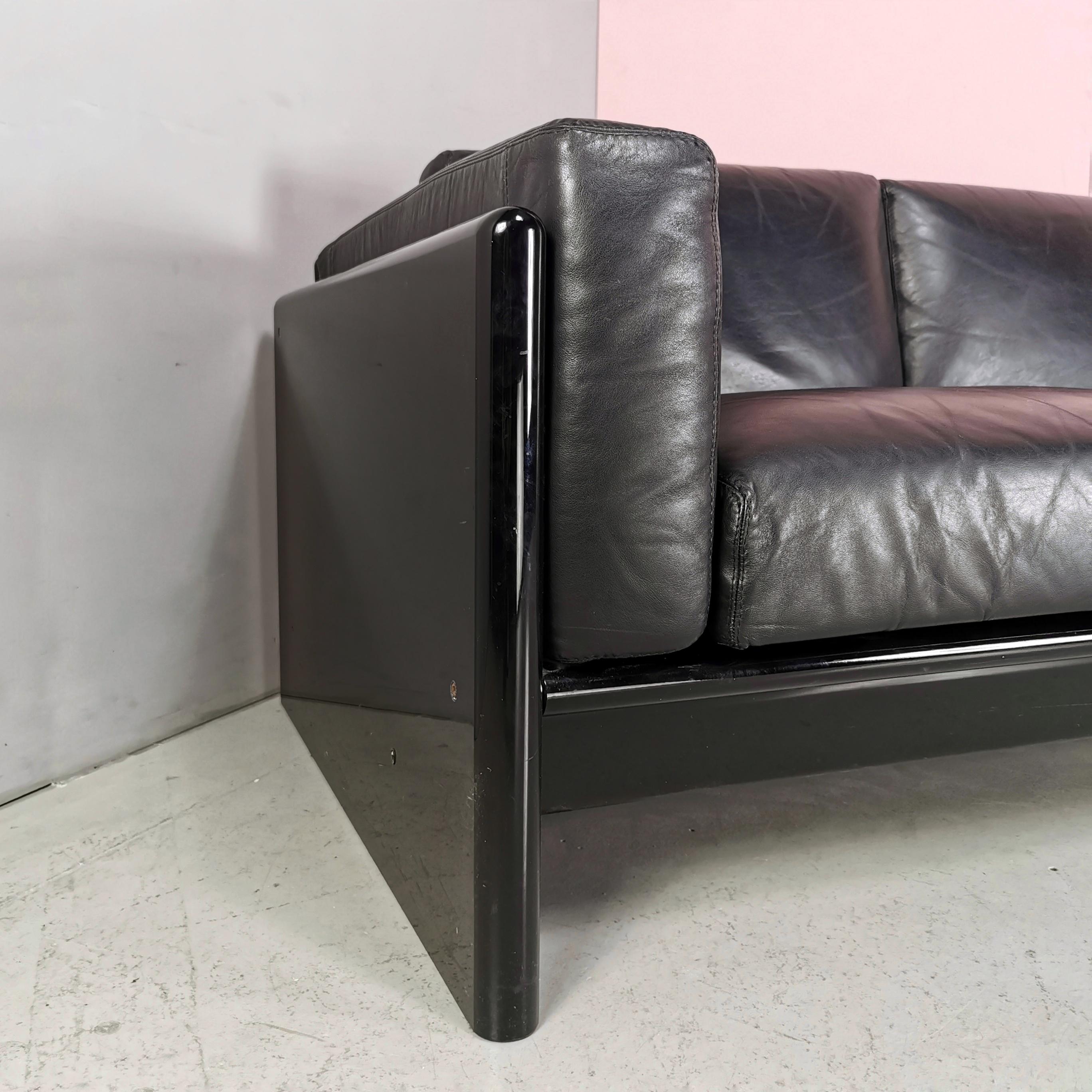Black Leather 2 Seater Sofa Studio Simon by Gavina 1970s In Good Condition For Sale In Milano, MI