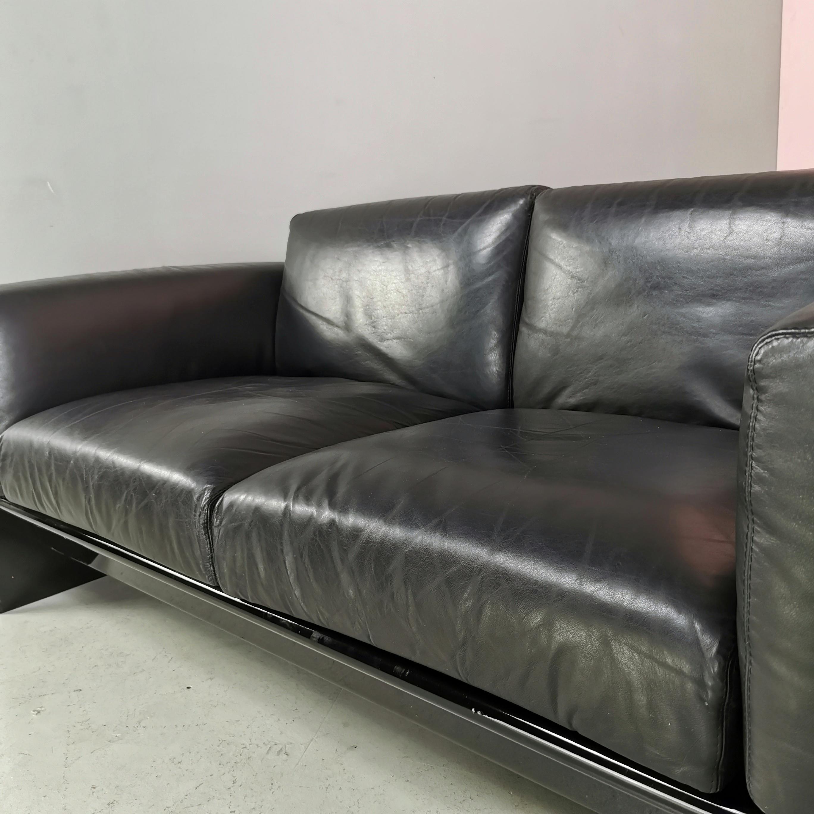 Black Leather 2 Seater Sofa Studio Simon by Gavina 1970s For Sale 1