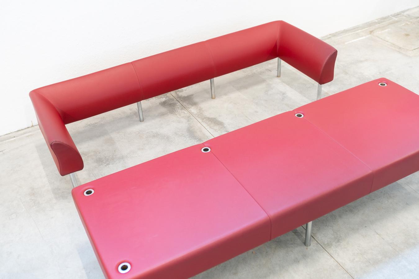 Red leather 3-seater Business Class sofa with chrome iron feet, 1990s 14