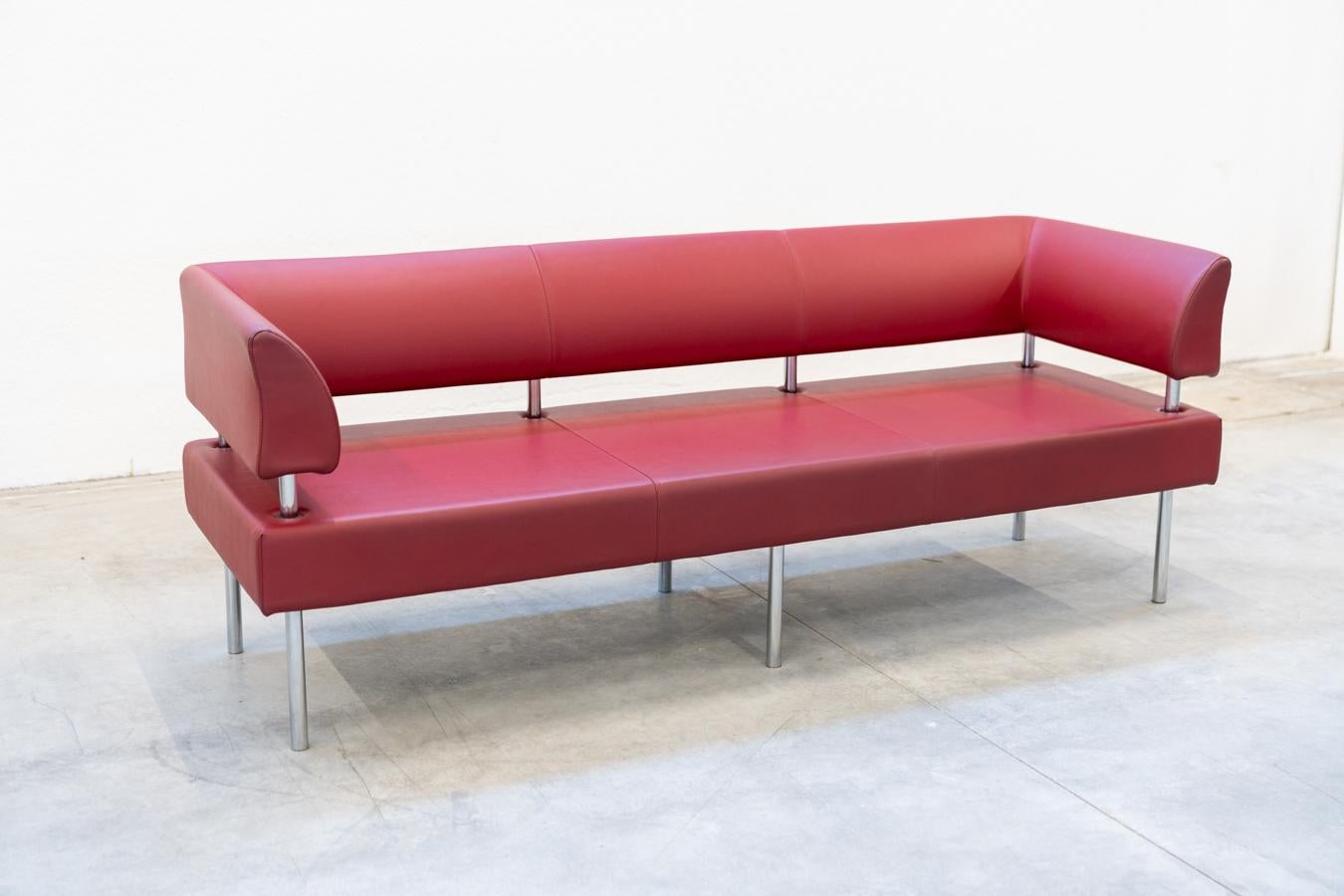 Italian Red leather 3-seater Business Class sofa with chrome iron feet, 1990s For Sale